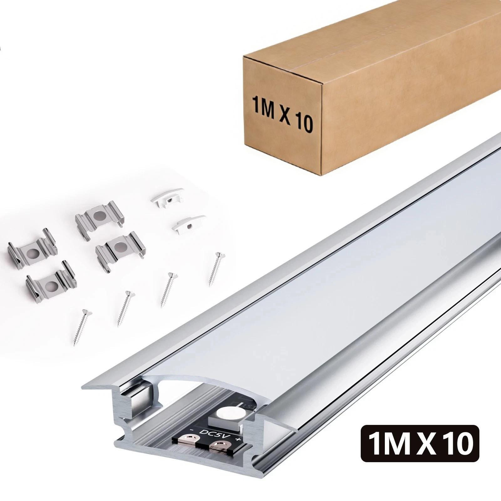 E-shop 10er Pack X 1M LED Aluminium Profil Set, U/V/YW-Form Alu Schiene für LED Streifen, mit Abdeckung, Endkappen & Montageclips, Kühlkörper