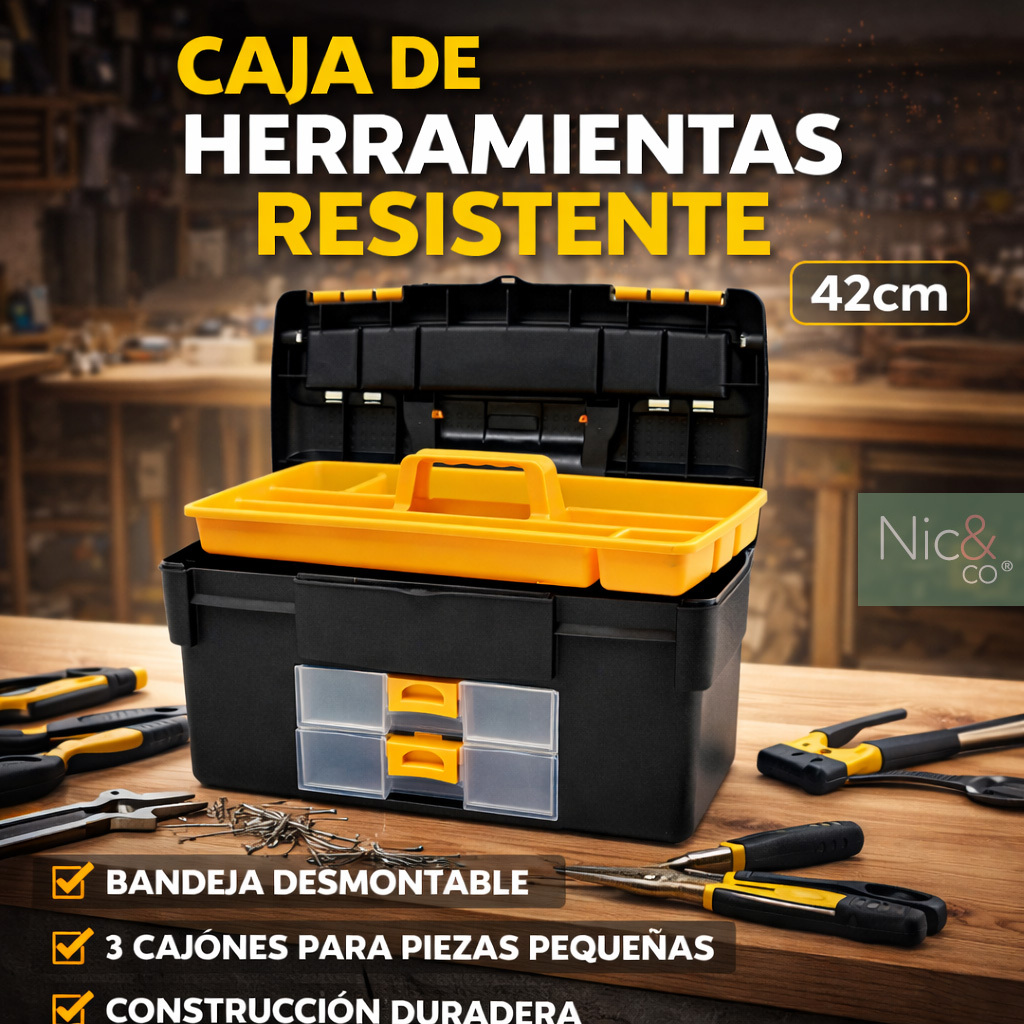 TEMU Nic&Co de Herramientas 42cm con Bandeja Extraíble y Cajones Organizadores para tornillos y accesorios. Plástico , Multiuso, 42x23x22 cm