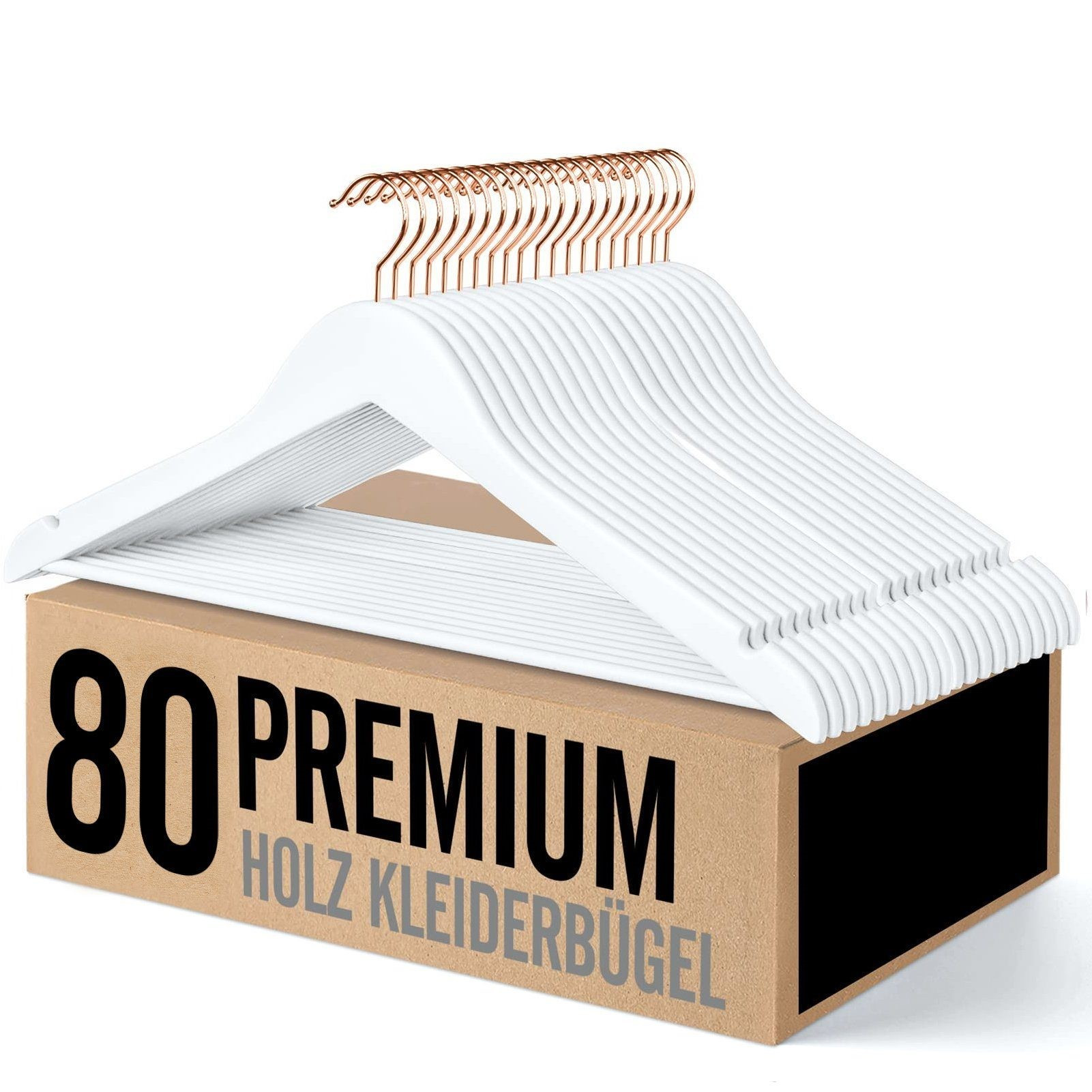 E-shop 20/40/60/80 Stück Weiß Kleiderbügel Holz für Anzüge, Kleiderbügel Holz rutschfest mit 360° drehbarer Haken in Roségold