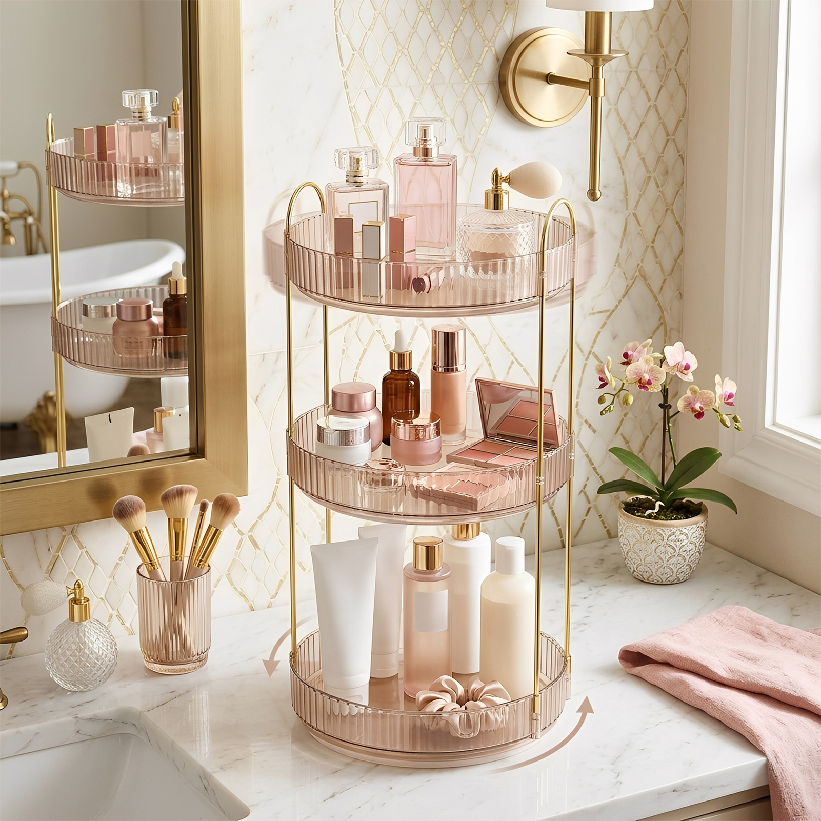 TEMU Rotating Makeup Organiser, Rotating Bathroom Organiser Rack Countertop 3 Tier Perfume Beauty Skincare Organiser, 360 Spinning Cosmetic Storage