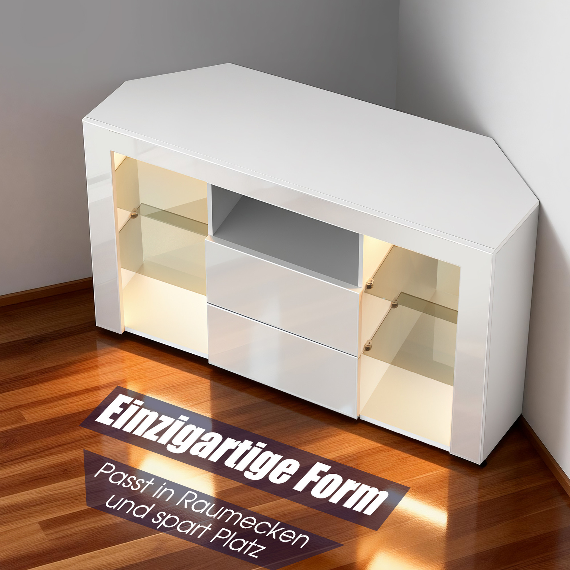 TV-Eckschrank – Schubladen und Glasfächer Detail