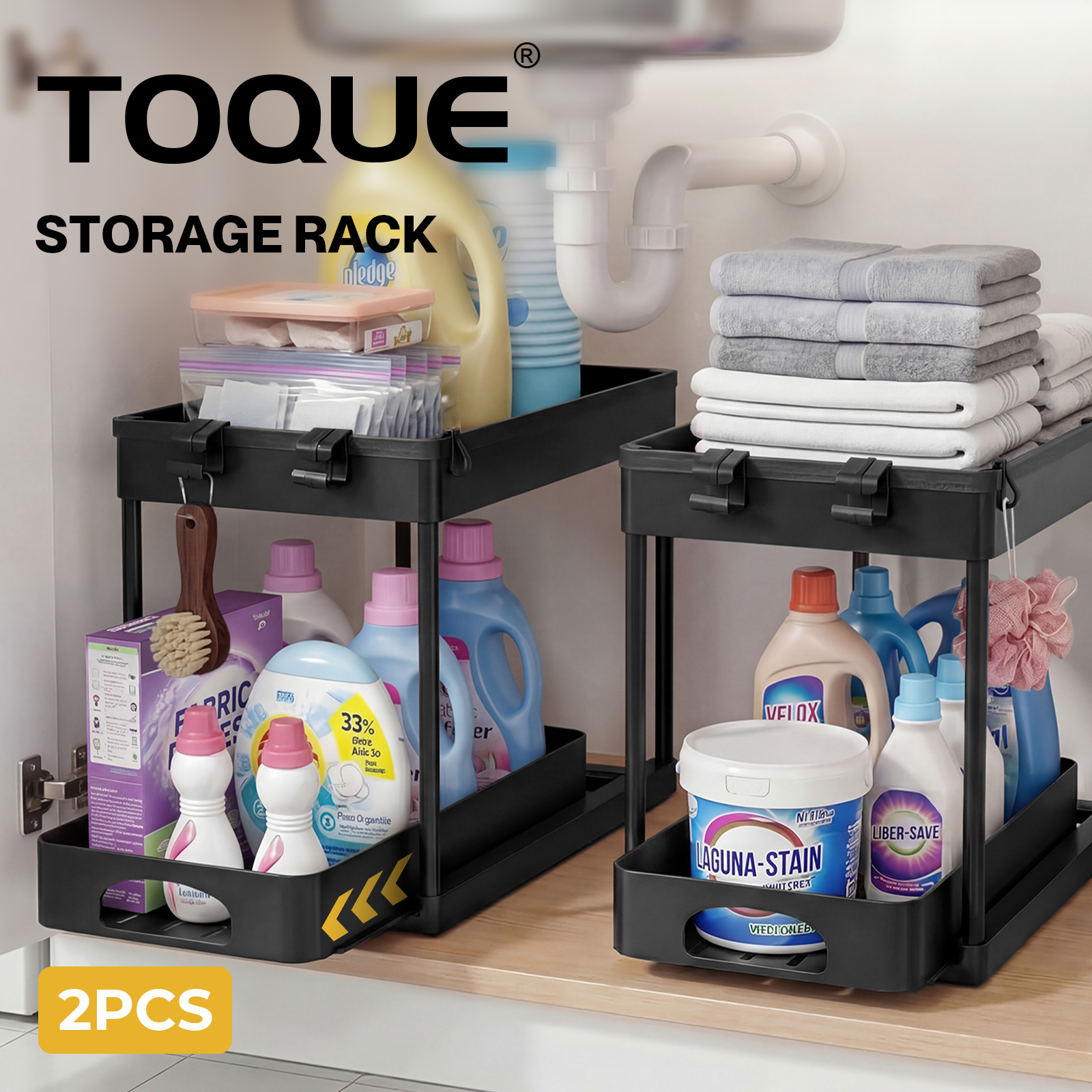 TEMU Toque Under Sink Storage 2 Pack, Sliding Drawer Pull Out Organiser For Kitchen Cabinet, Abs Material Assembly 20kg Load Capacity, Black Storage