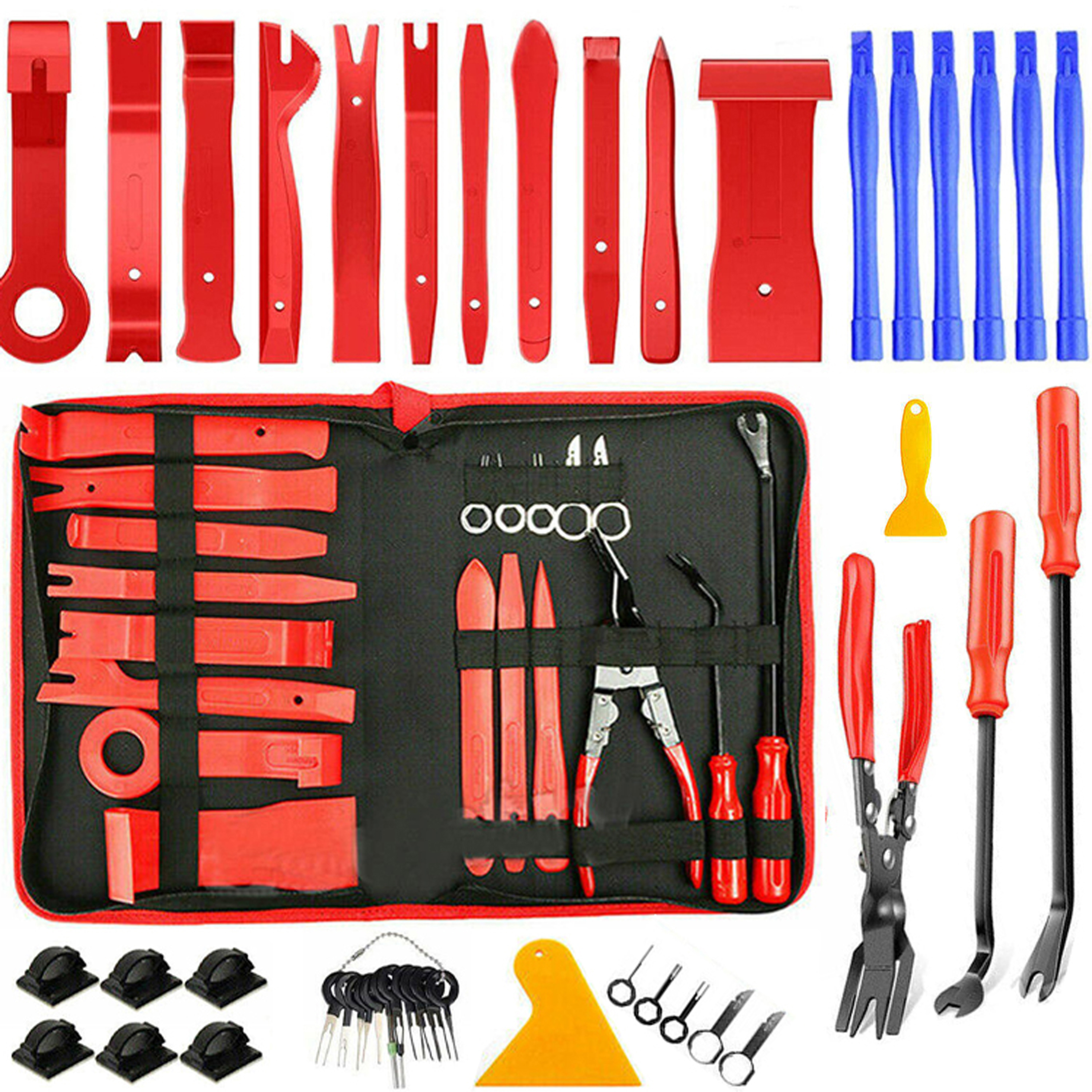 E-shop Polsterwerkzeug-Set – 45-teiliges Kit mit Hebelstangen, Sicherheitsgurtschneidern, Stiften, Nietenentferner, Pinzetten, Schabern und Koffer für