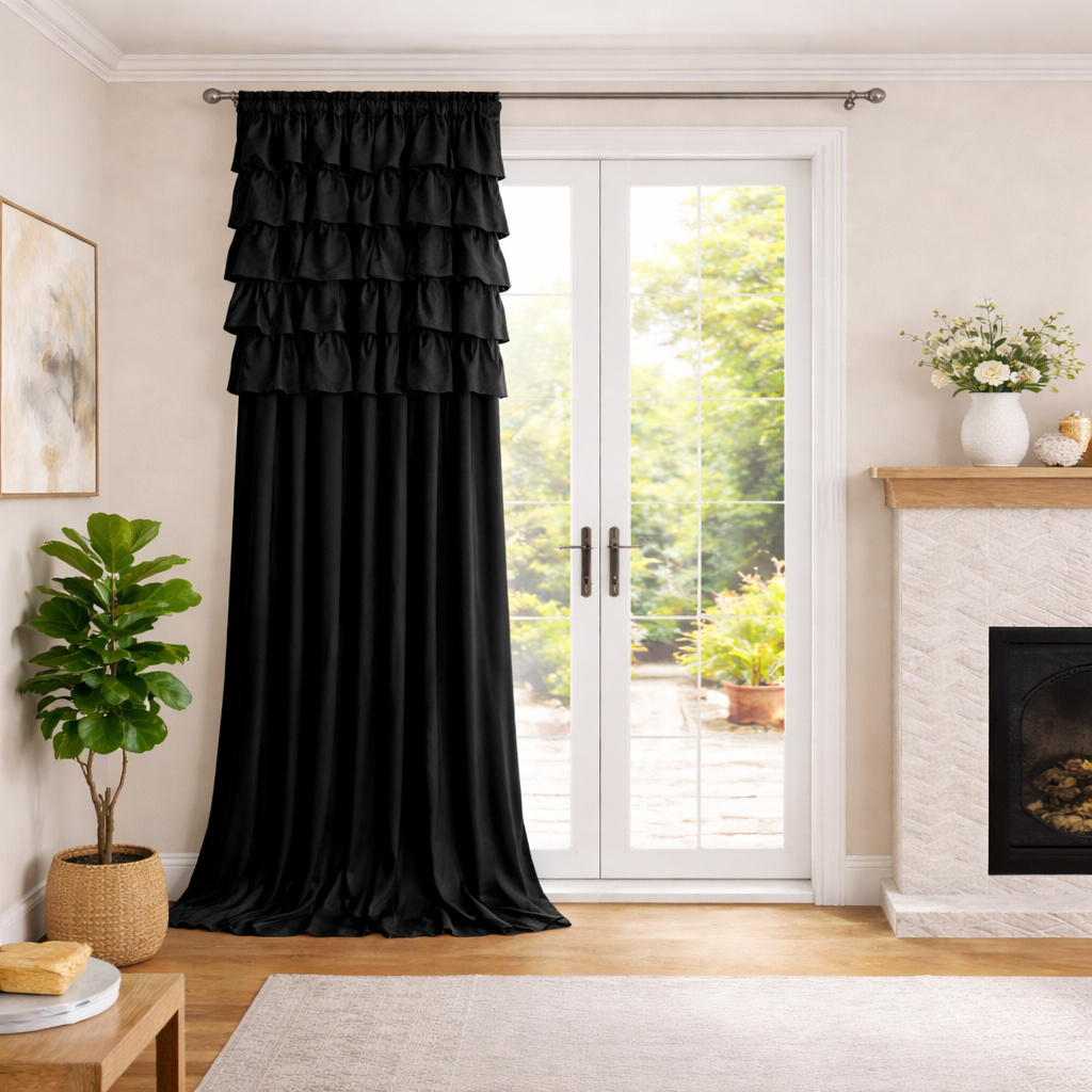 Vintage Emerald Green Velvet Curtain, Ruffle Top, Blackout Curtain For Living Room, Bedroom