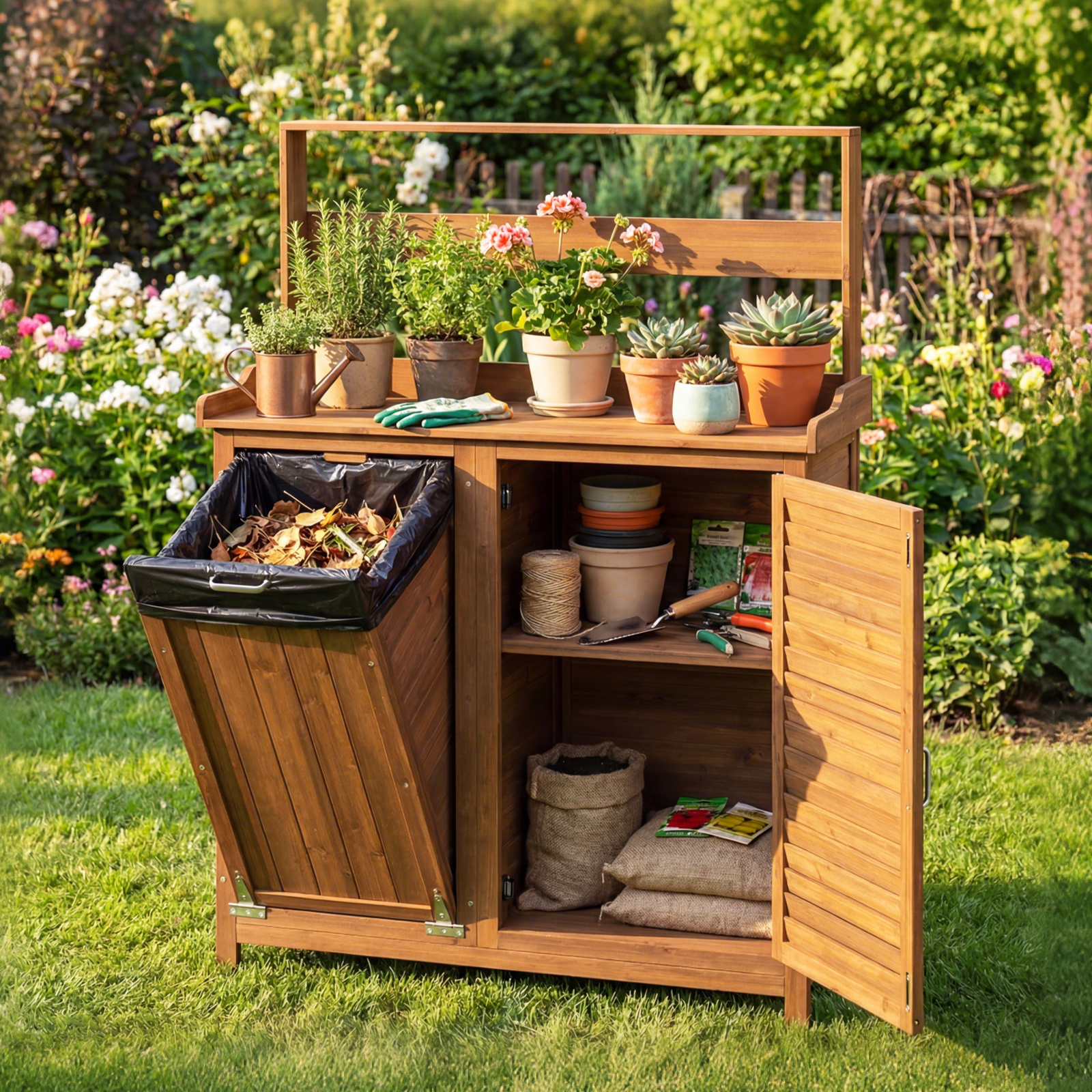 Image of Outdoor Potting Bench With Storage, Patio Solid Wood Cabinet With Removable Shelves & 2 Doors, Wooden Gardening Planting Workstation For Lawn, Backyard, Garden