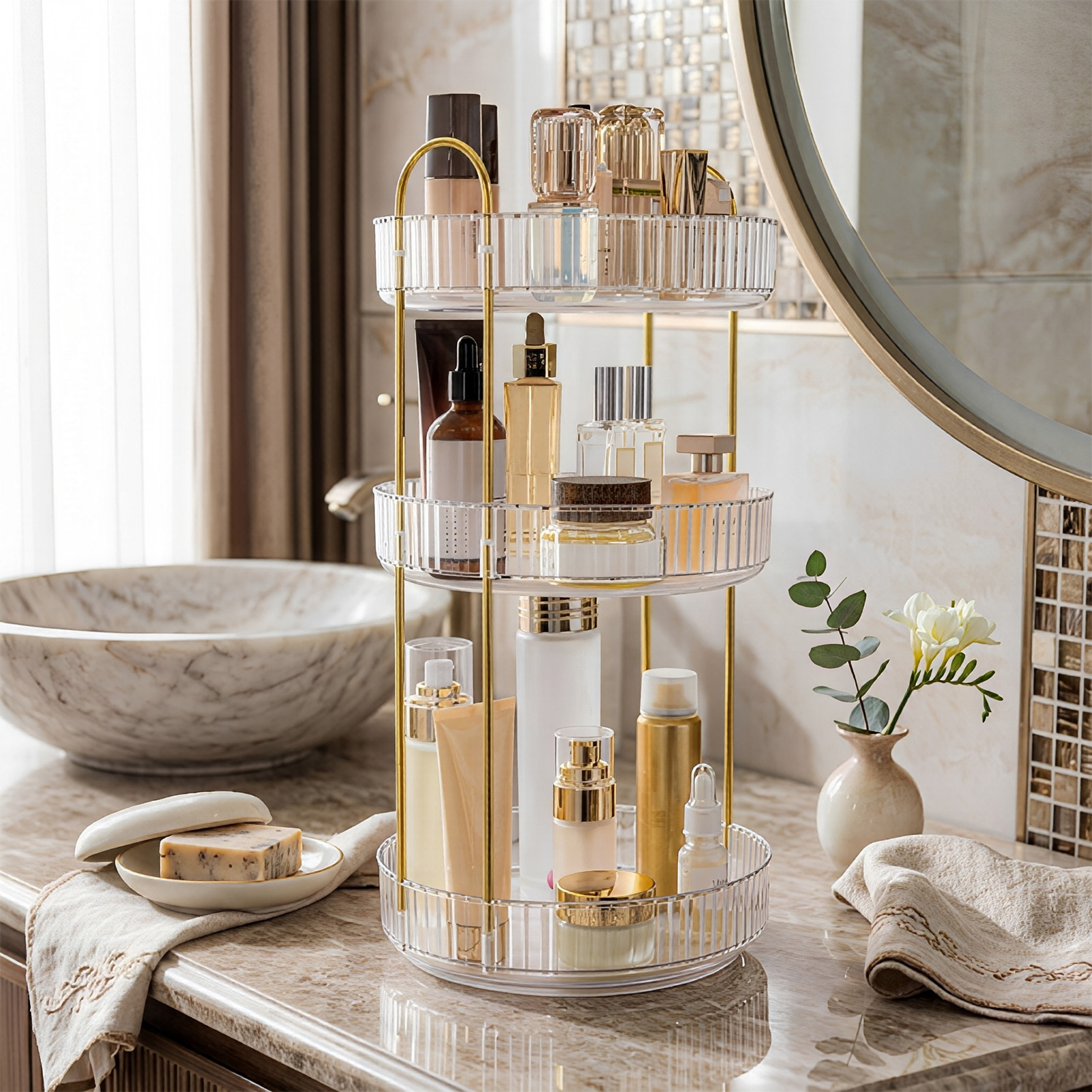 TEMU Rotating Makeup Organiser, Rotating Bathroom Organiser Rack Countertop 3 Tier Perfume Beauty Skincare Organiser, 360 Spinning Cosmetic Storage