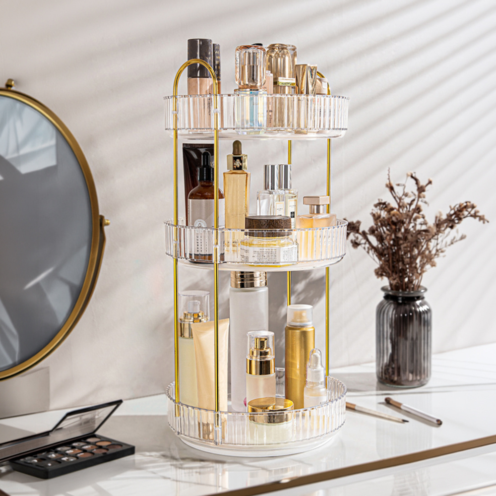 TEMU 3-tier 360° Rotating Makeup Organizer, High-capacity Skincare Organization, Spinning Vanity Dresser Bathroom Bedroom Storage, Countertop Storage