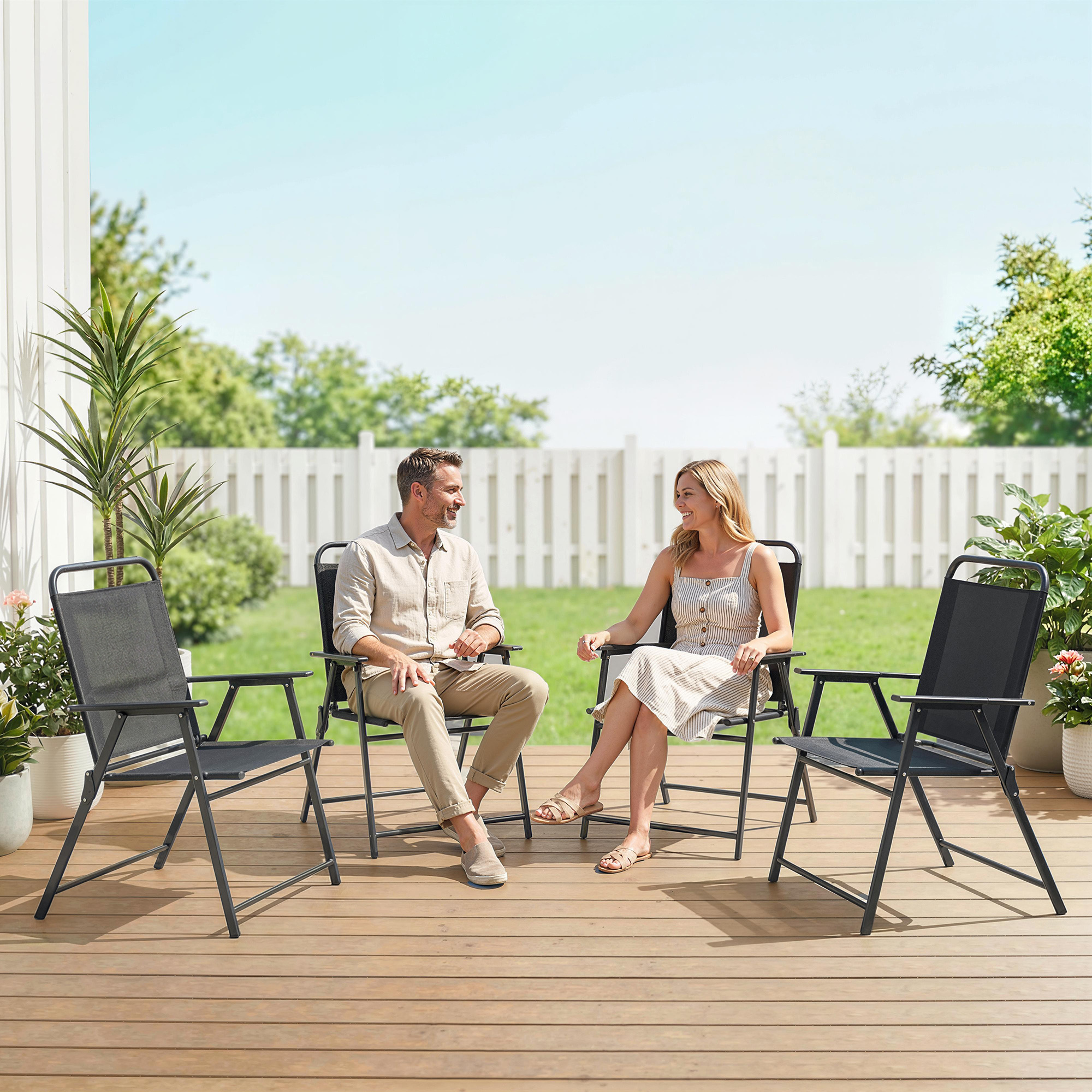 TEMU Outsunny Pack de 4 Sillas de Camping Plegables, Sillas de Jardín Exterior con Respaldo , Asiento Ancho y Reposabrazos, Tela Transpirable y de