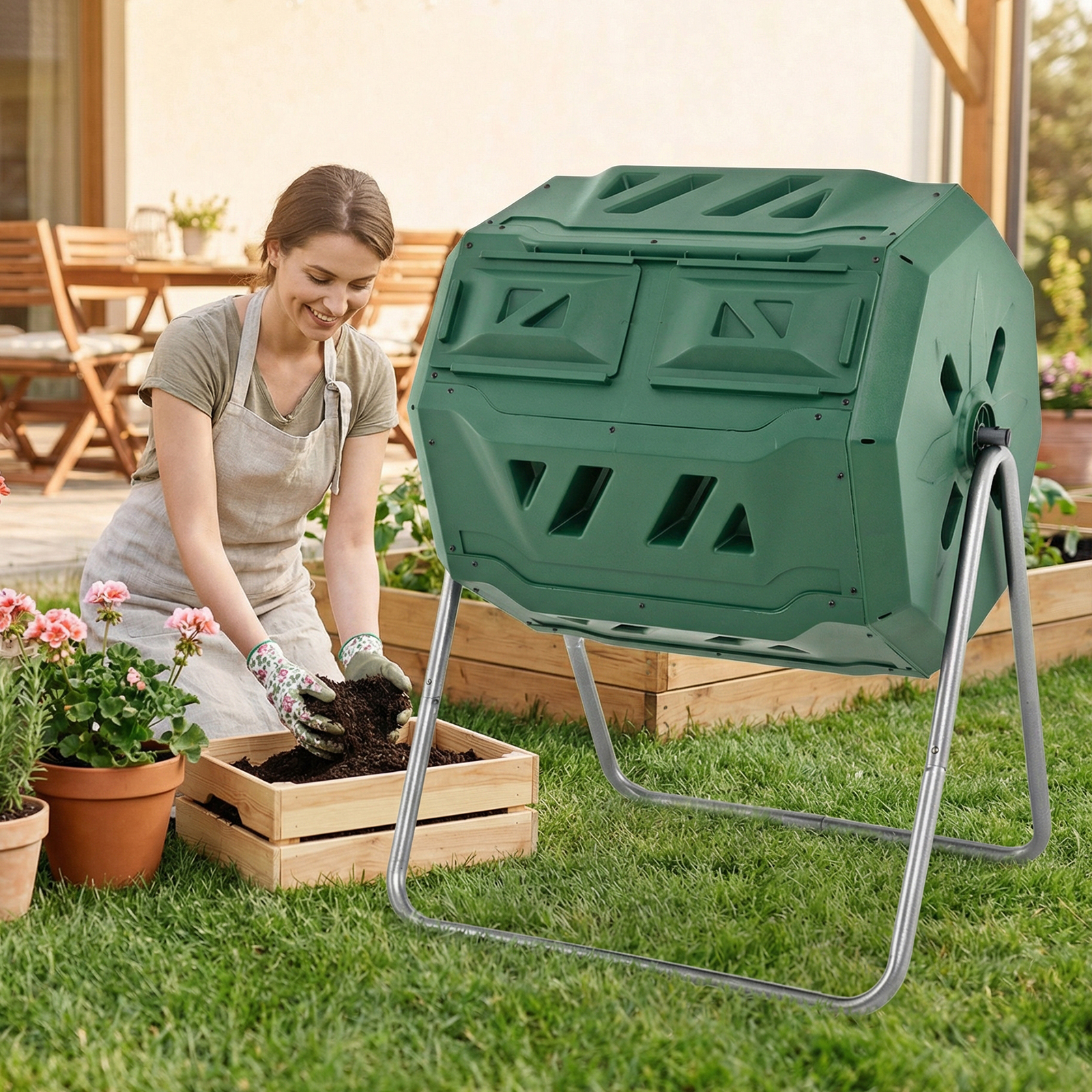Image of Outdoor Moveable Garden Composter, 40 Gallon Dual Chamber Tumbler Compost Bin With Sliding Doors And Metal Stand