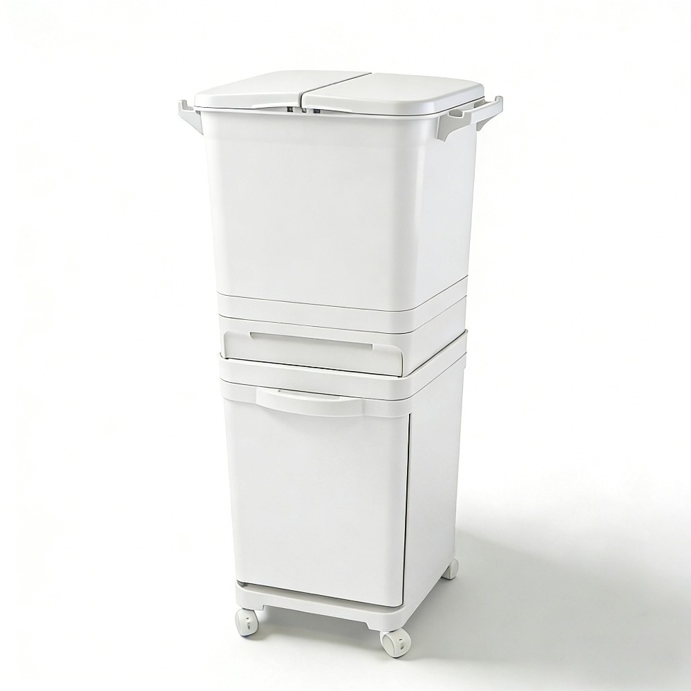 3-piece 50l Large Trash Can With Lid & Wheels, Odor-neutralizing, Storage Drawers, Removable Inner Bin – Ideal For Kitchen
