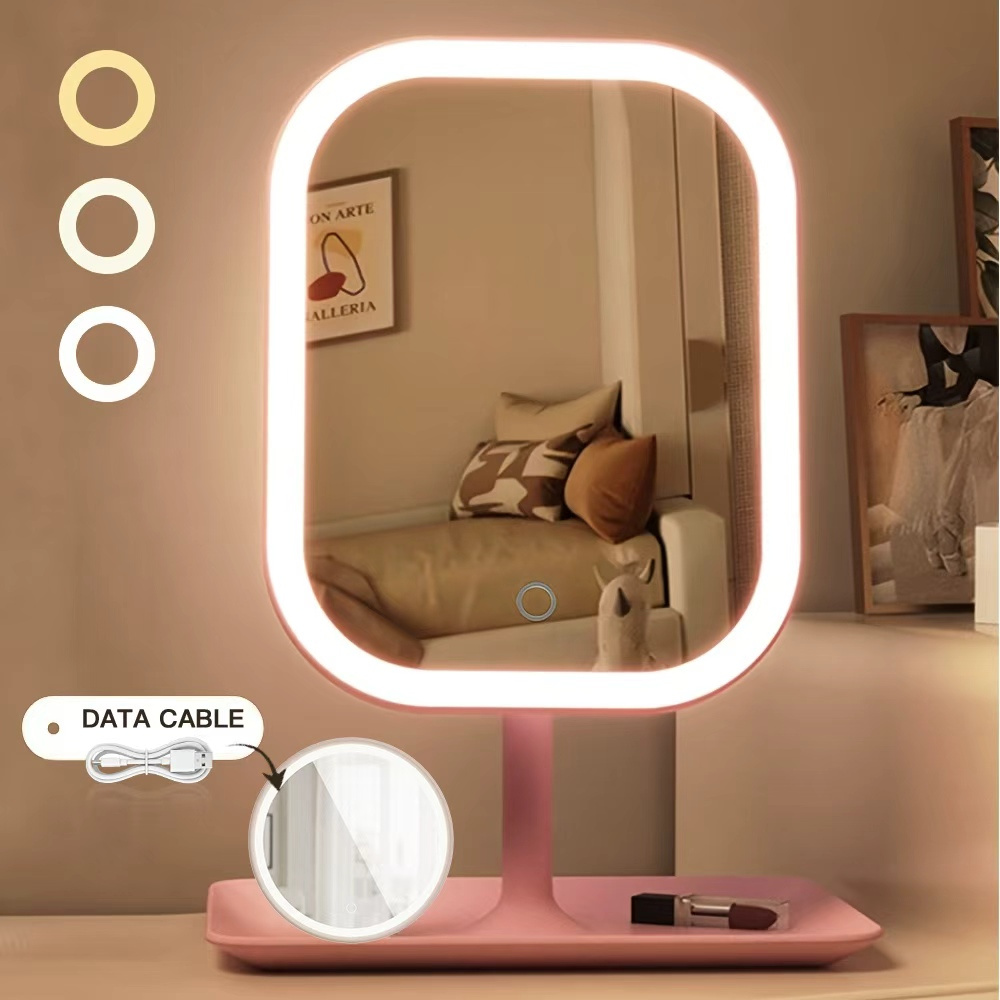 TEMU 2pcs (1 X Led Vanity Mirror With Light + 5x Magnifying Mirror) Women's Accessories, Usb Rechargeable Makeup Mirror, 3 Color Temperature