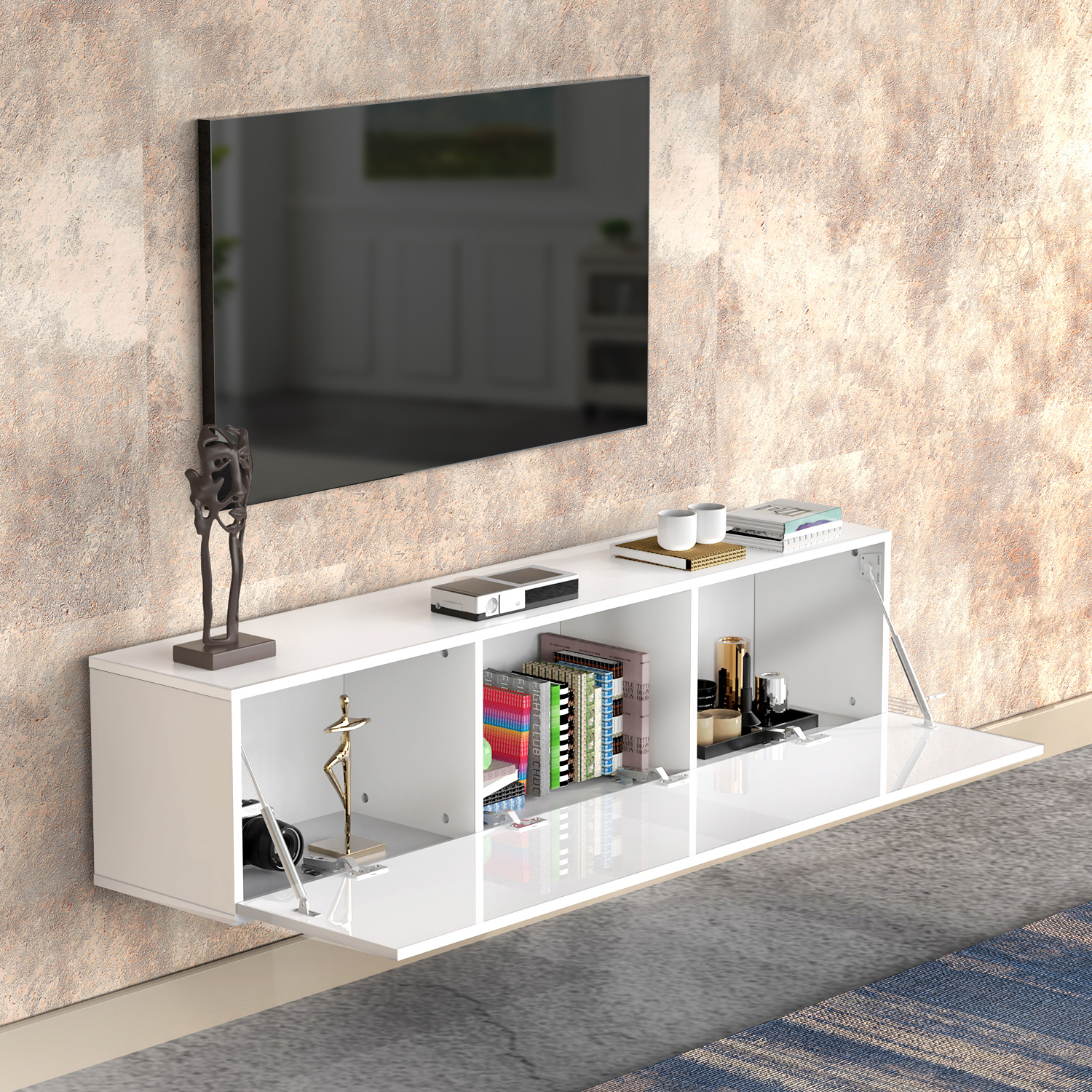 Image of High-gloss Tv Cabinet 140cm For 50,55,65,75 Inch Tvs, Tv Cabinet With Open Compartments, Wall-mounted Tv Cabinet, Tv Lowboard With Led Light Effects, White