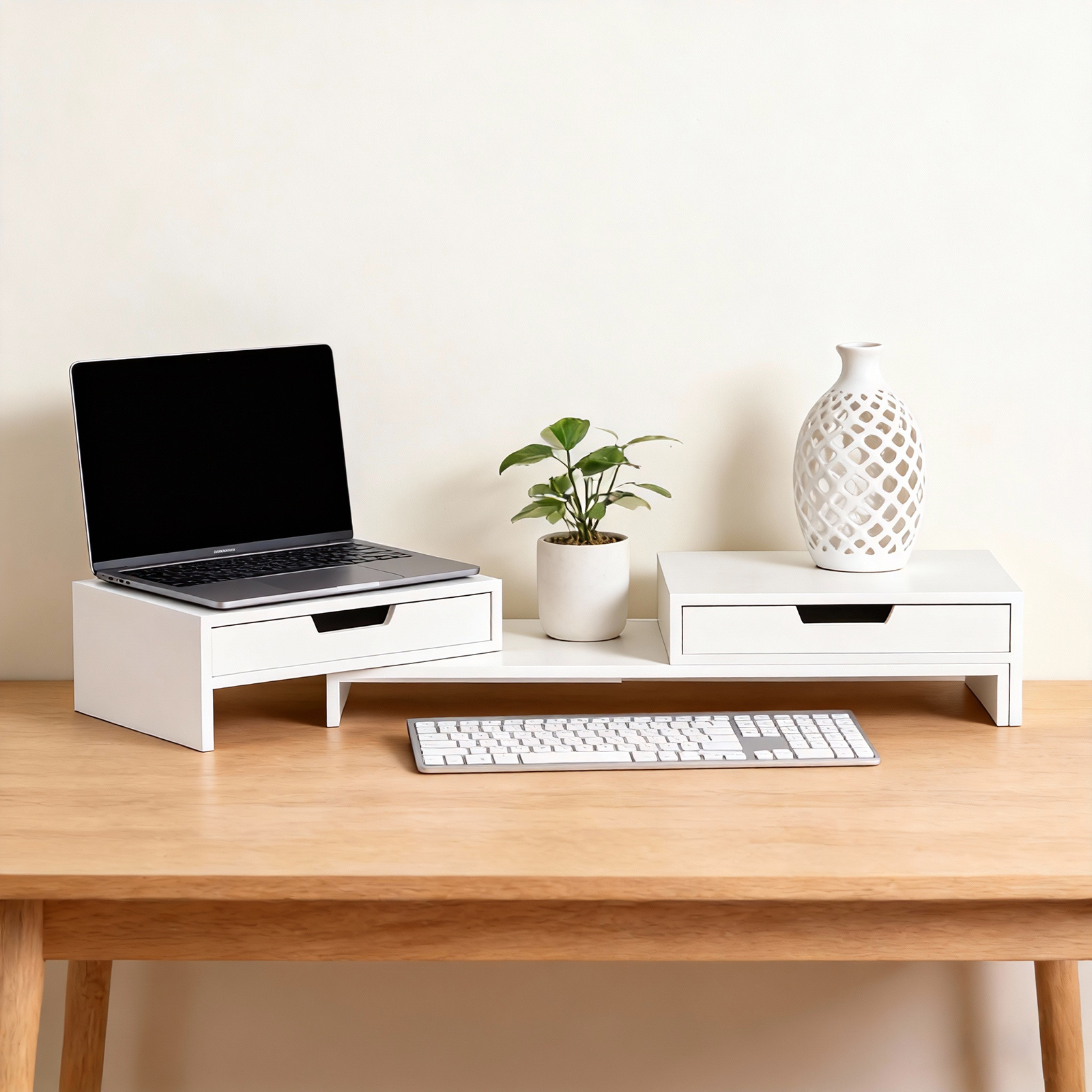 1-piece Monitor Stand, Height-adjustable And Expandable With 2 Rotating Drawers For 2 Monitors, Storage Space For Office And Home Office, Adults, White, 60-107x22x11cm, Haotian - Ccg15-x