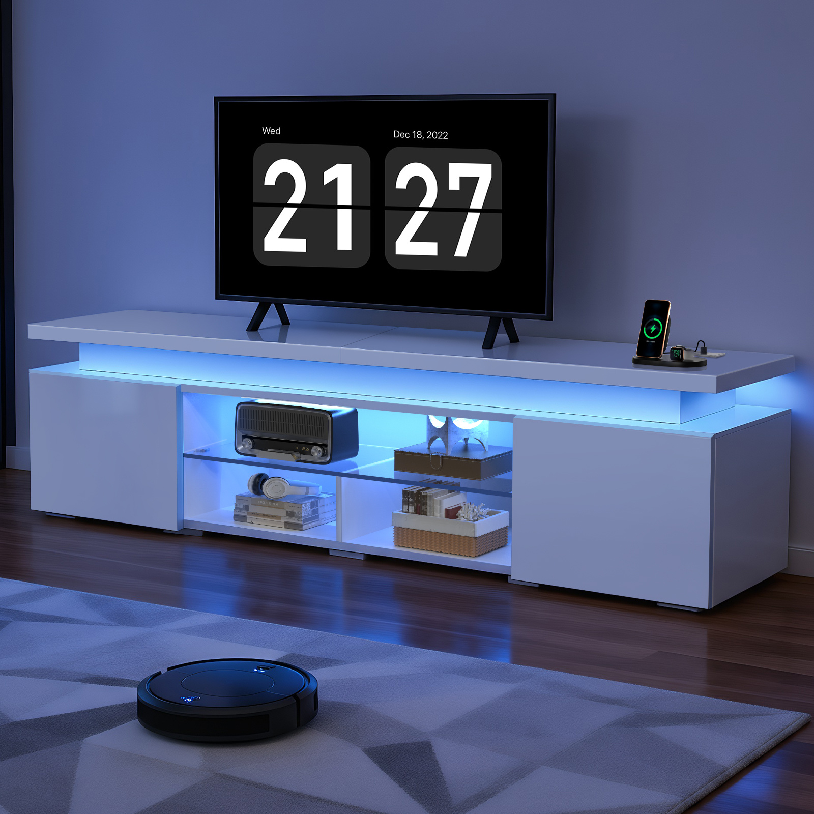 Image of Tv Cabinet Up To 75 Inches Lowboard High Gloss, With Led Lighting, Adjustable Led Colors, Glass Shelves, 185 Cm Wide, Tv Table, Tv Shelf, Tv Cabinet, 185x35x49cm, White