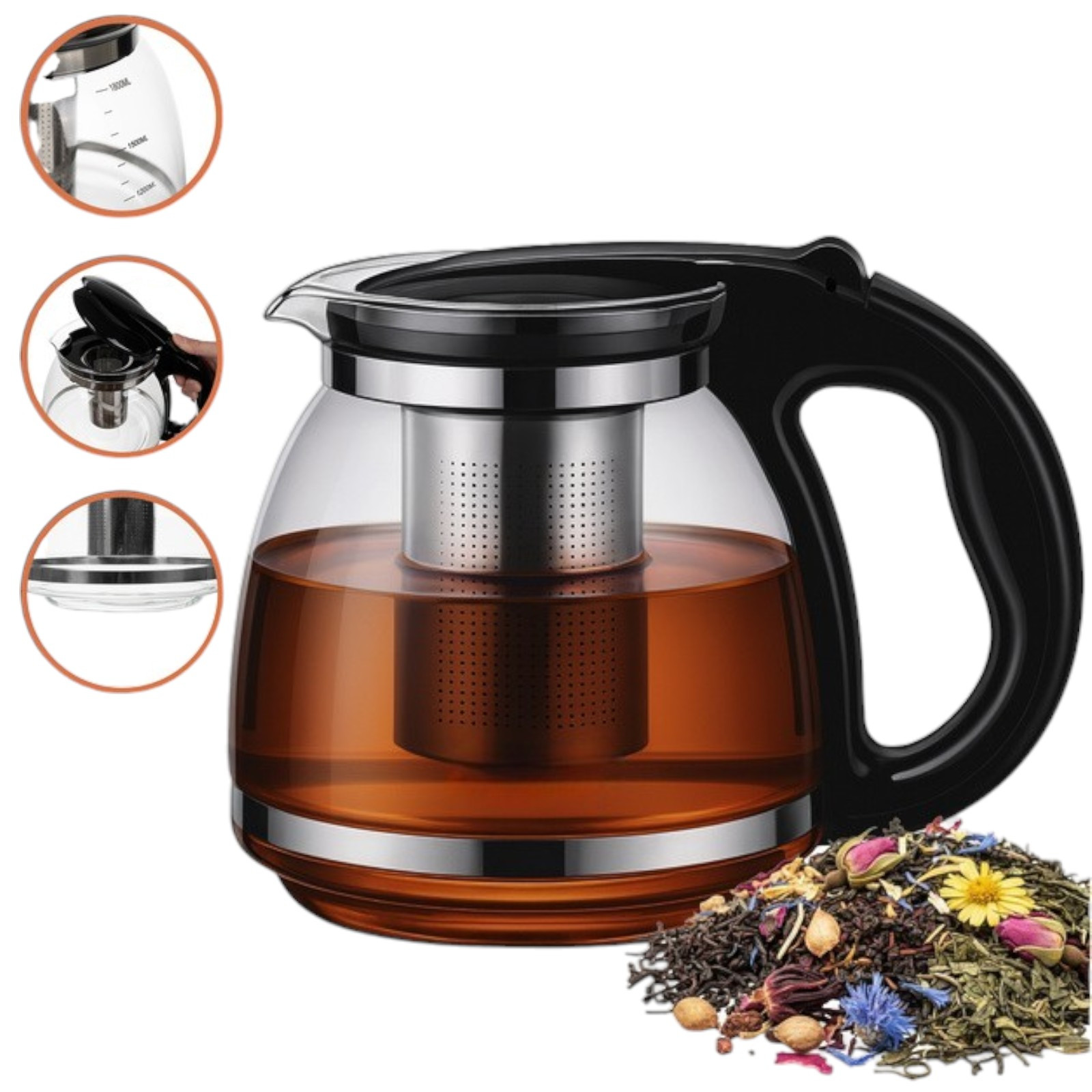 TEMU Théière avec infuseur, infuseur en verre pour café, herbes, bouilloire 2L, acier inoxydable, verre à la chaleur, graduations de mesure précises,