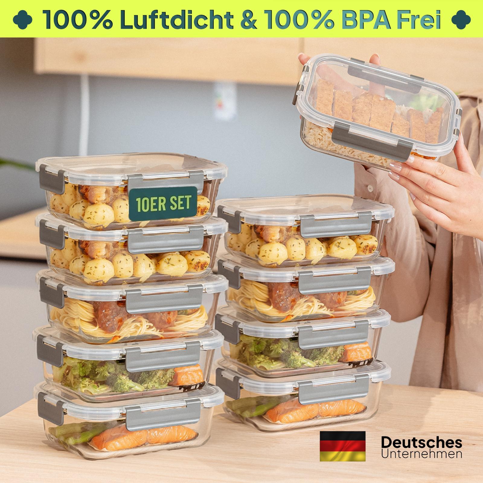 E-shop uandu Glasbehälter mit Deckel Set – Meal Prep Glasdosen, Frischhaltedosen aus Glas, Glasdosen Set für Küche (10 Behälter mit Deckel, je 1050 ml
