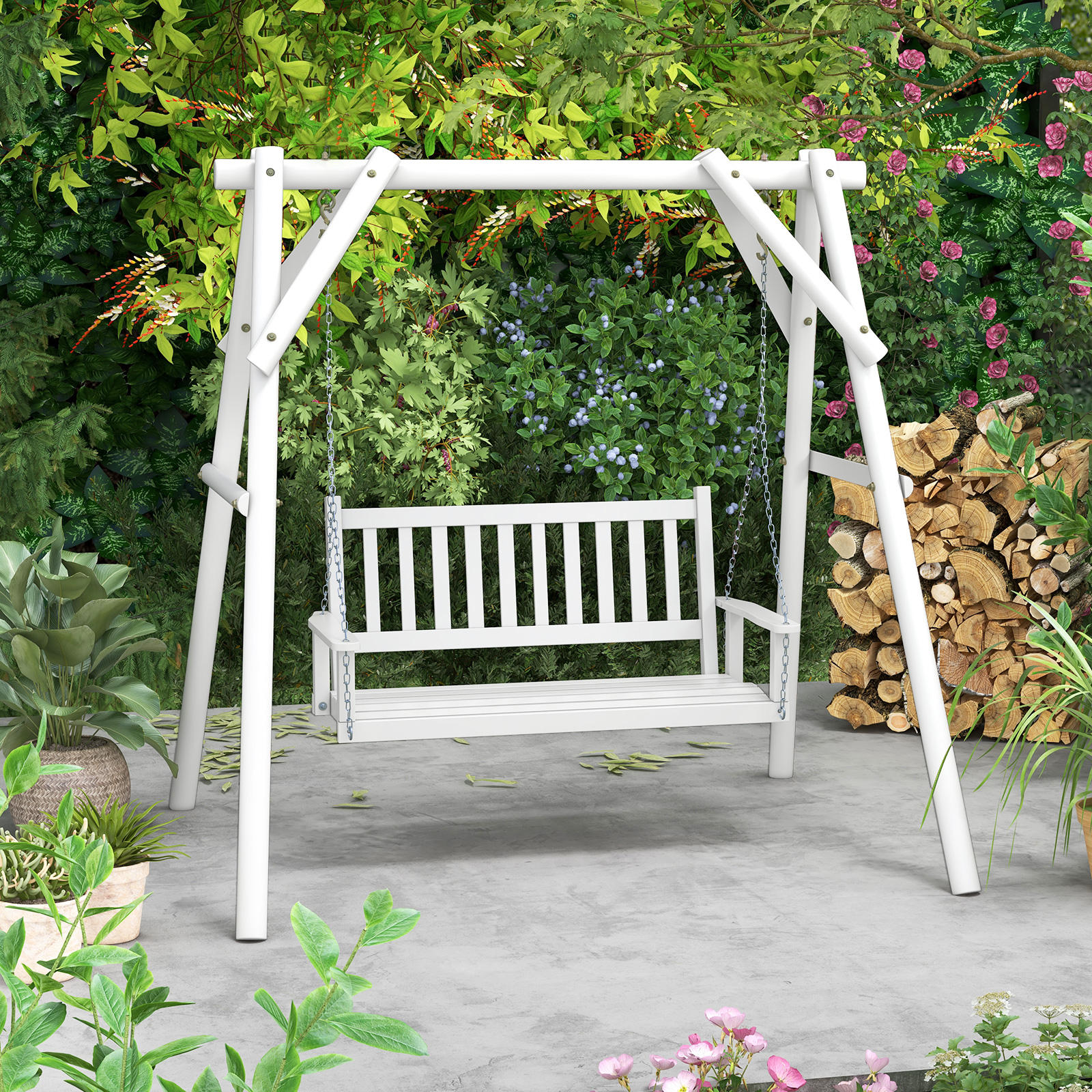 Image of 3-person Wooden Outdoor Porch Swing, Heavy Duty Patio Hanging Bench Chair W/ 500/800 Lbs Weight Capacity, 5.6 Ft Adjustable Upper Chains, Slatted Back, Swing Bench For Garden, Backyard, White