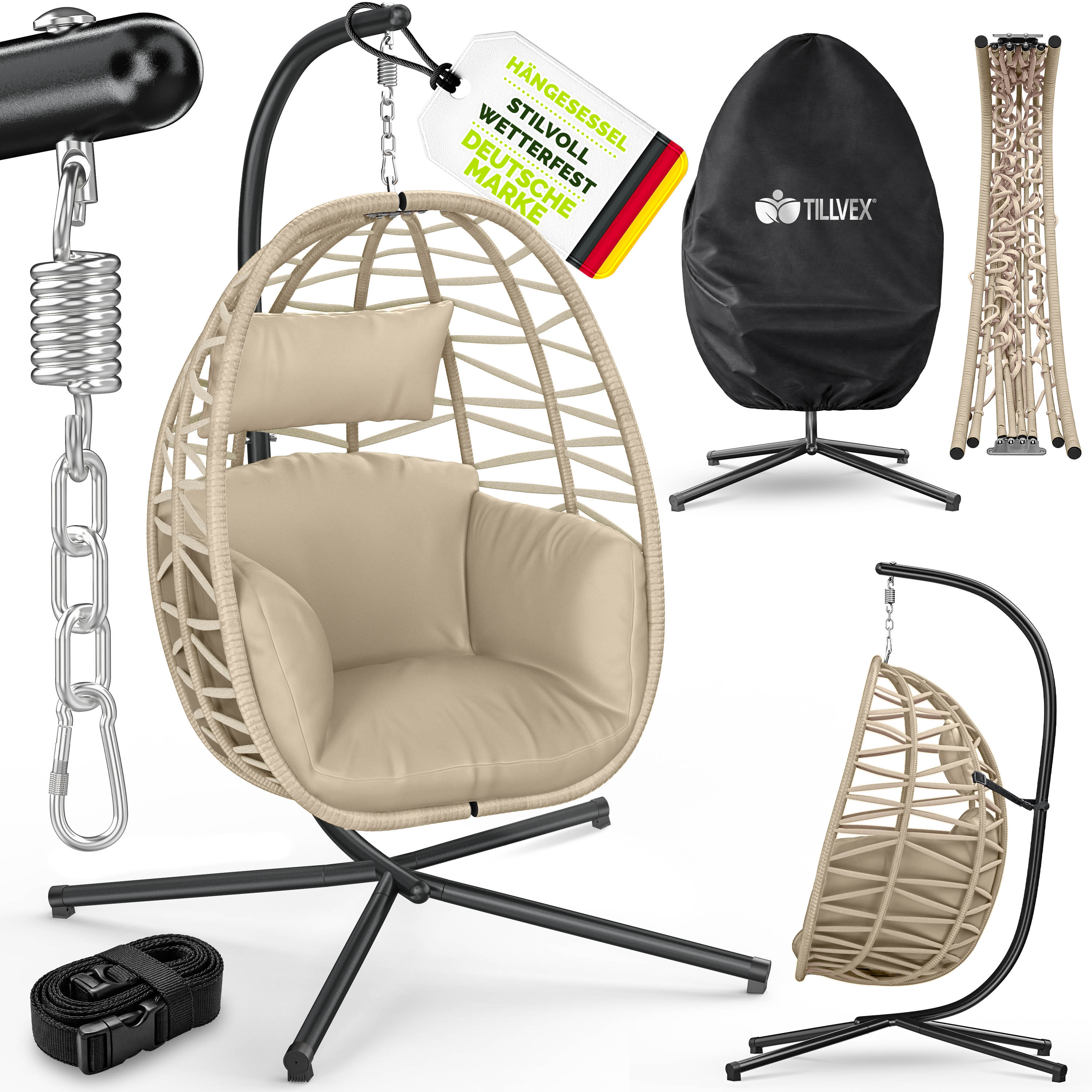 TEMU Silla colgante tillvex® con estructura para uso en exteriores y resistente a , montaje | Cesta colgante plegable de 150 kg | Asiento colgante de