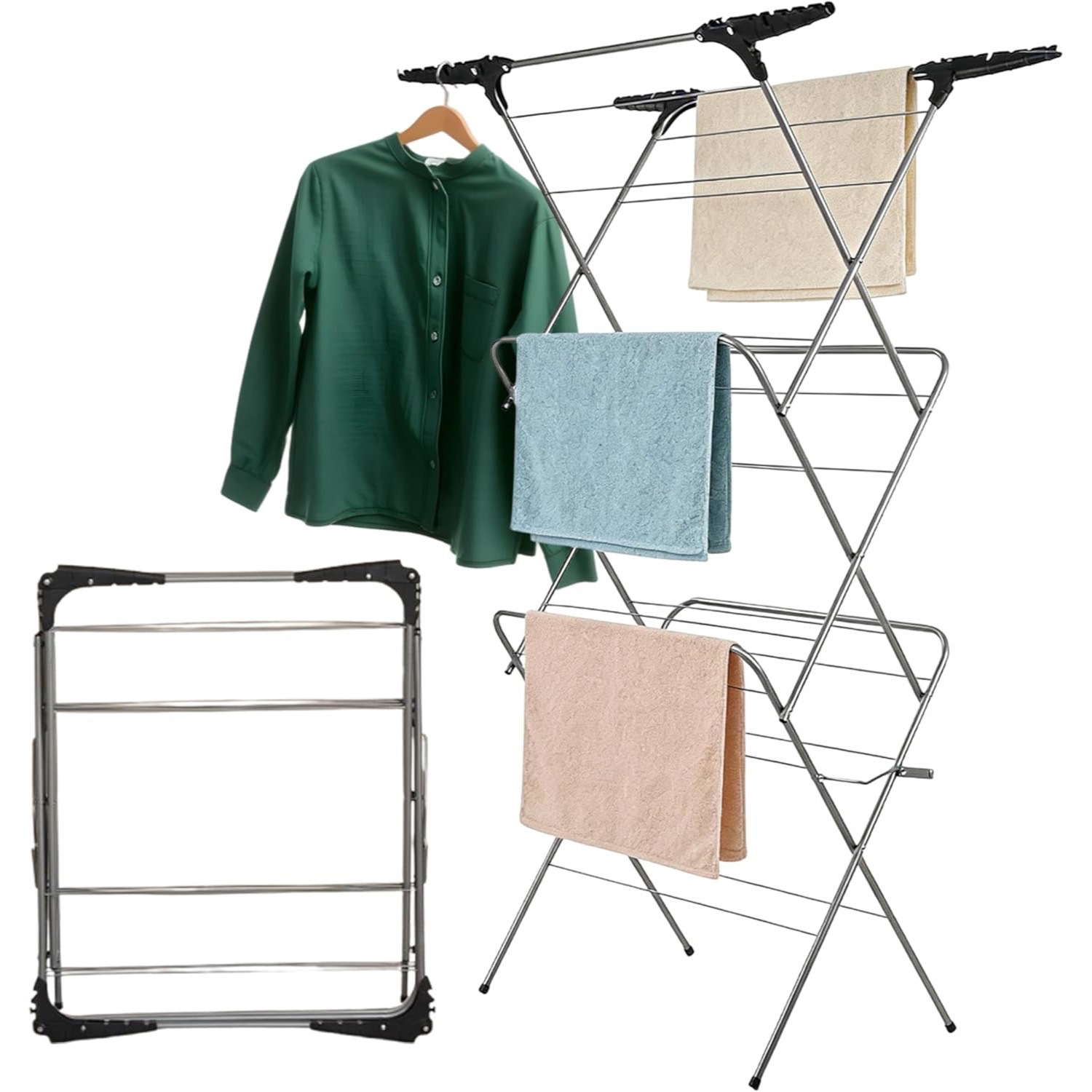 TEMU 3 Tier Folding Clothes Airer 20m Space For Laundry, With Extra Wings Clothes Drying Rack, Indoor & Outdoor Non-slip Feet & Corner, Foldable