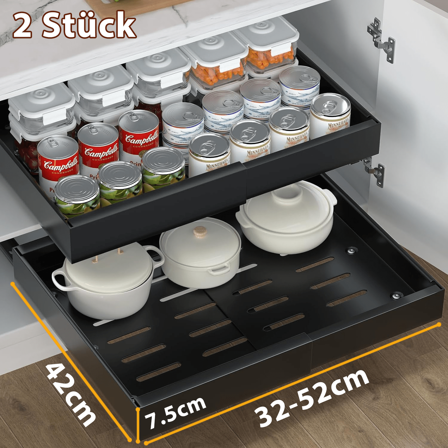 E-shop 2 Stück Erweiterbarer Teleskopschublade | Verstellbare Breite 32-52 cm | Ausziehbarer Schubladenorganizer aus Edelstahl | Erweiterbarer