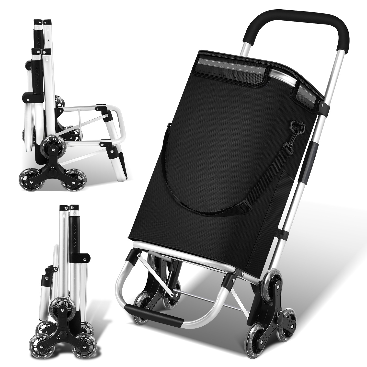 TEMU Folding Shopping Trolley 40 Shopping Cart With Cooler Compartment Stair Climber, Removable Bag Black Trolley Foldable Shopping Roller Shopping