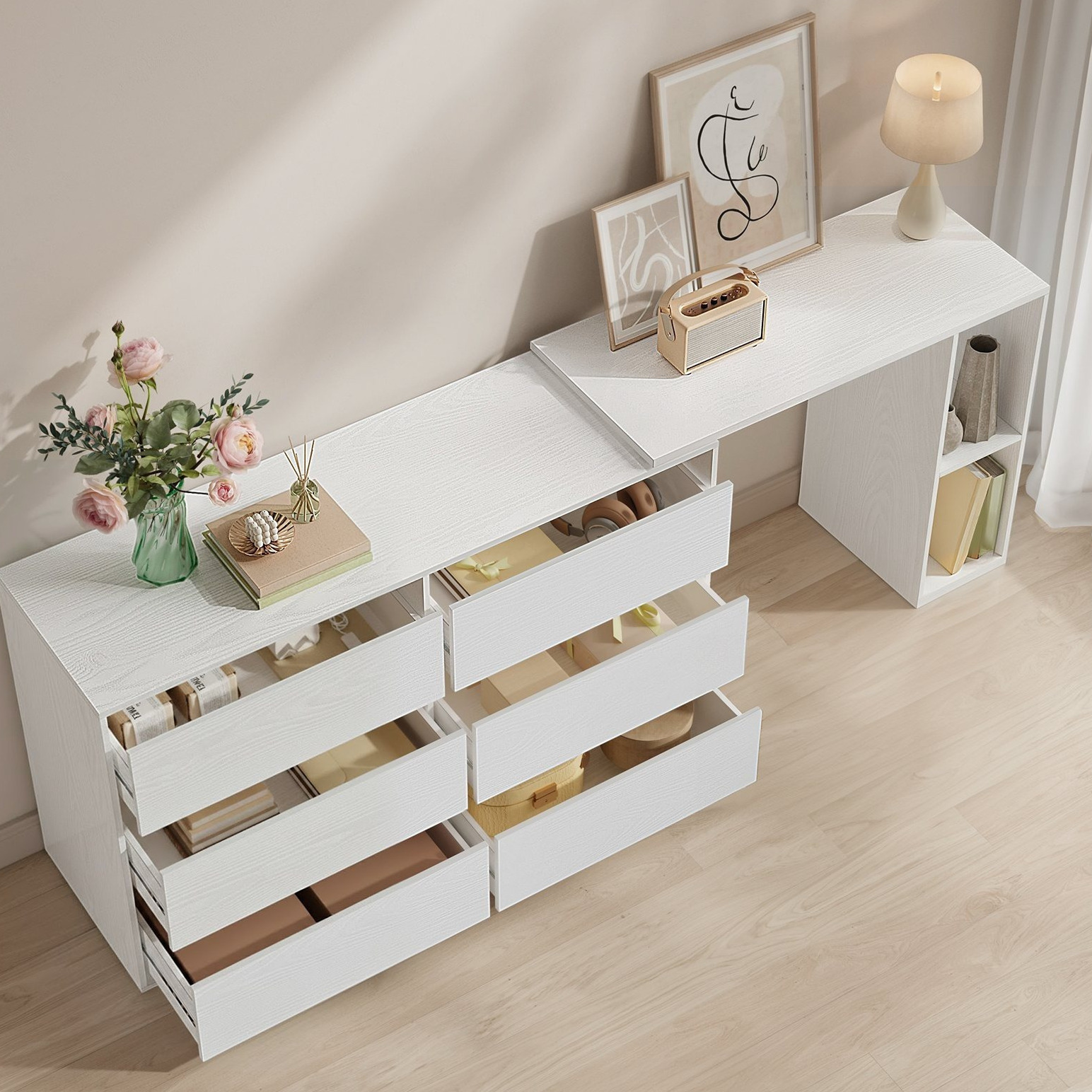 Image of Asymmetrical 39 Cm X 120 Cm X 74 Cm Dresser With Drawers, L-shaped Cabinet, Modular Cabinet, Dresser With Shelves, Suitable For Home Office Or Bedroom