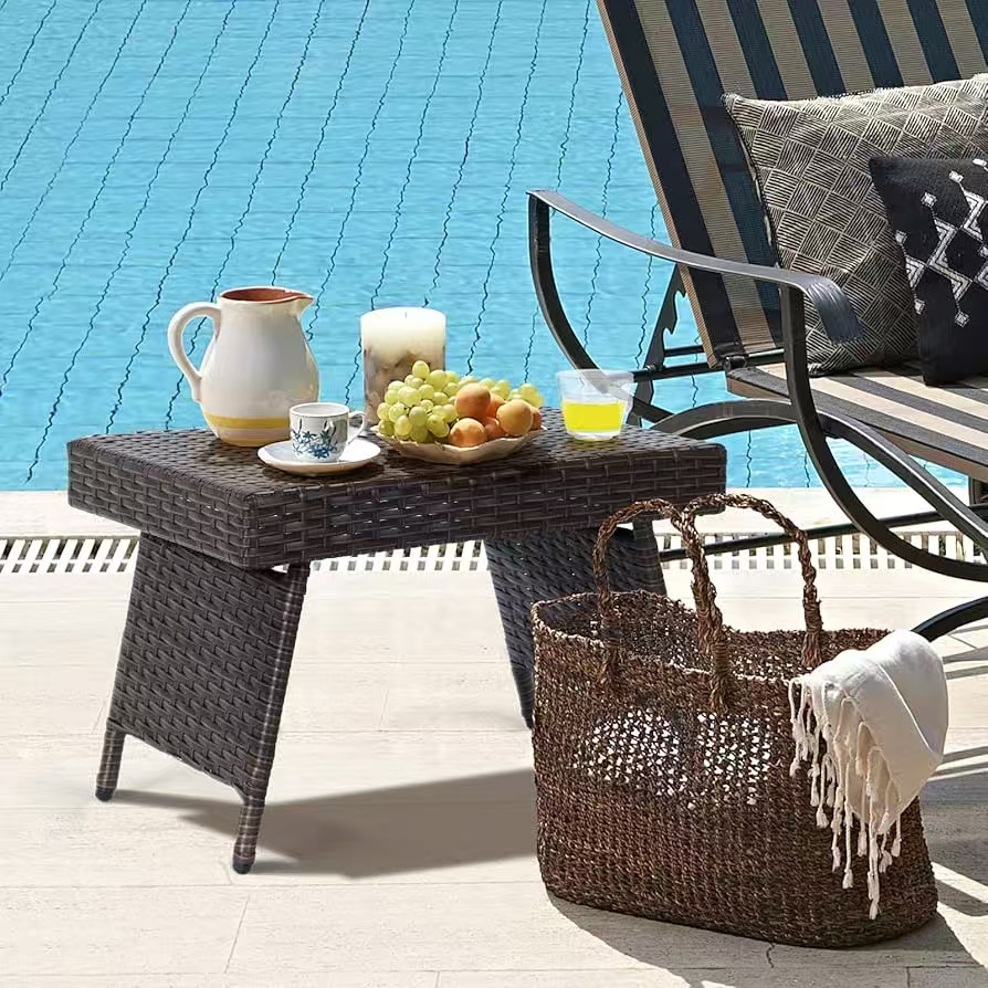 Patio Wicker Folding Coffee Table, Outdoor Wicker Side Table W/ Pvc Board & Sturdy , Anti-slip Footpads, Perfect For Poolside, Backyard, Balcony, Garden, Space- Design
