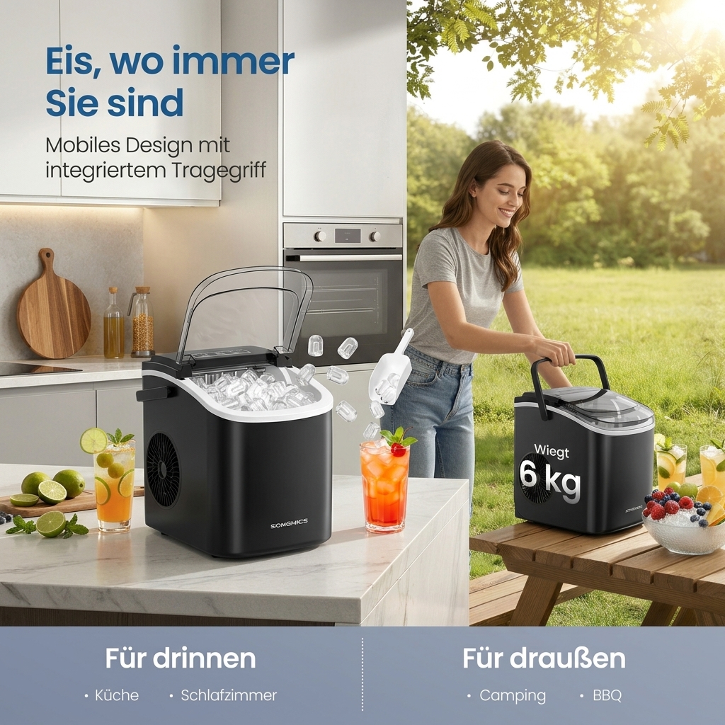 Ice Cube Maker, Self-cleaning Ice Machine, Grill Accessory, Makes 9 Cubes In In 2 Sizes, 12 Kg In 24 Hours, Portable, For Kitchen, Shared Apartment, Party, Bbq, Camping
