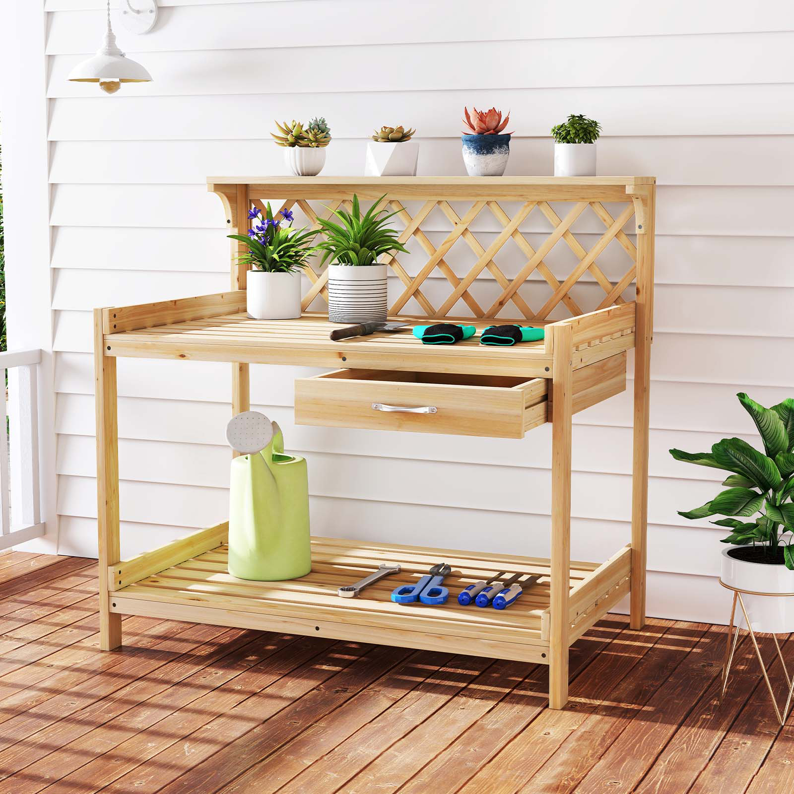 Image of Garden Potting Bench Table, Wooden Planting Workstation W/ Lattice Trellis, Removable Drawer, Top & Lower Shelf, Indoor Outdoor Flower Pot Bench For Backyard, Balcony, Lawn