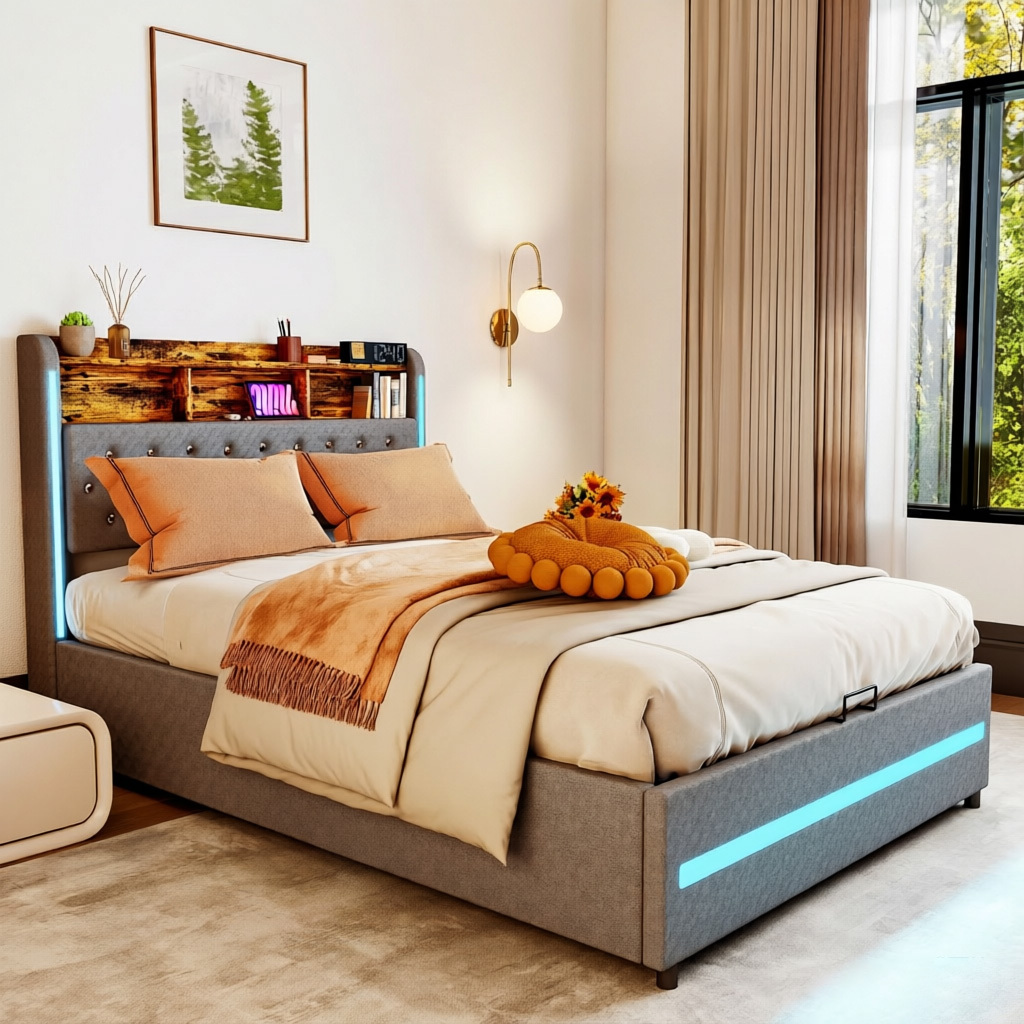 Upholstered Bed 140x200cm With Storage Headboard, Crystal Knob Inlay, Box Spring Bed Double Bed With Led Lighting, Hydraulic Rod Frame With Wooden Slatted Base, Youth Bed, Up To 300kg, Grey