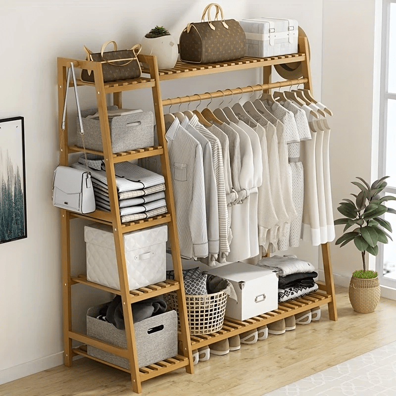 Image of Multifunctional Clothing Rack Featuring 5 Side Storage Shelves. An Open Wardrobe With Hangers And A Shelf For Hats, Suitable For Home Storage, With Side Hooks For Hats Ideal For Bedrooms And Hat Rooms