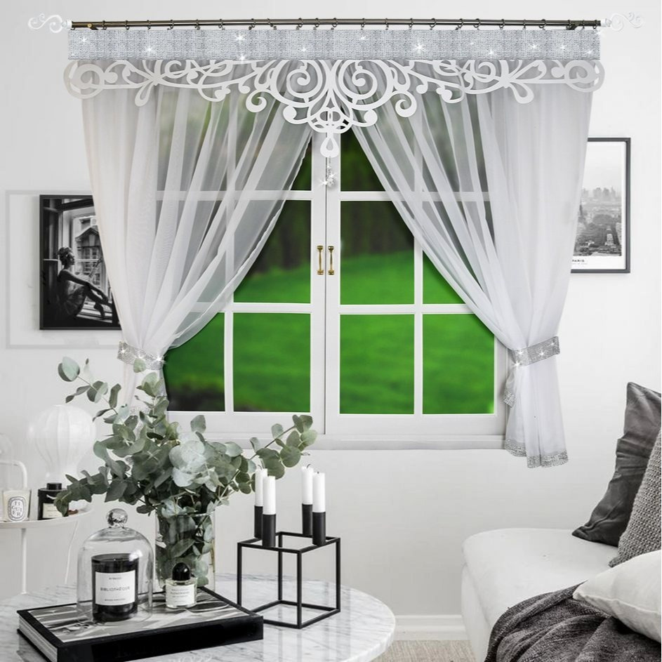 Image of Vintage White Sheer Curtain, Valance Design Decorative Curtain For Living Room, Floor-to-ceiling Window