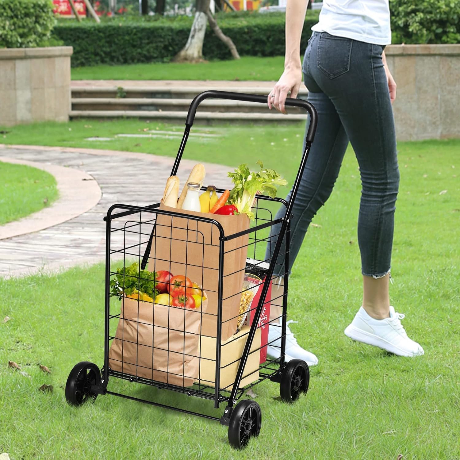 Image of Folding Shopping Cart, Light Weight Extra Large Grocery Cart With 360° Rolling Swivel Wheels, 100 Lbs Capacity, Portable Folding Utility Cart For Laundry, Shopping, Grocery, Luggage, Black