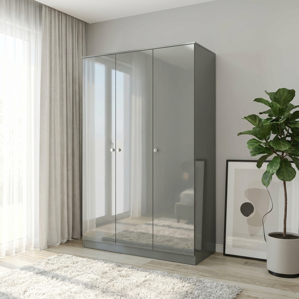 TEMU 3 Door Triple Wardrobe Grey Gloss Bedroom Hanging Rail Storage