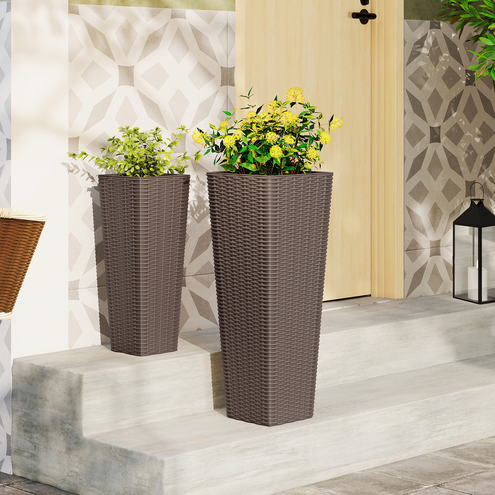 Image of Rattan Tall Planter Set Of 2, Outdoor Large Tapered Planters W/ Removable Inner Trays, Drainage Holes, Decorative Wicker Flowerpots For Garden Patio Front Porch Backyard Balcony