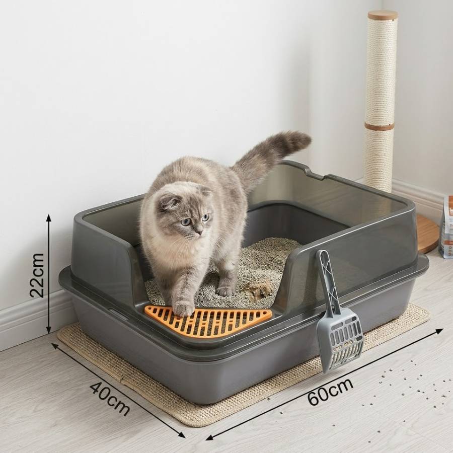 TEMU Caja de Arena para Mascotas | Caja de Arena para Gatos | con Deflector Alto y Pala | que la Arena se Salpique | Transparente Gris | 45×31×17CM,