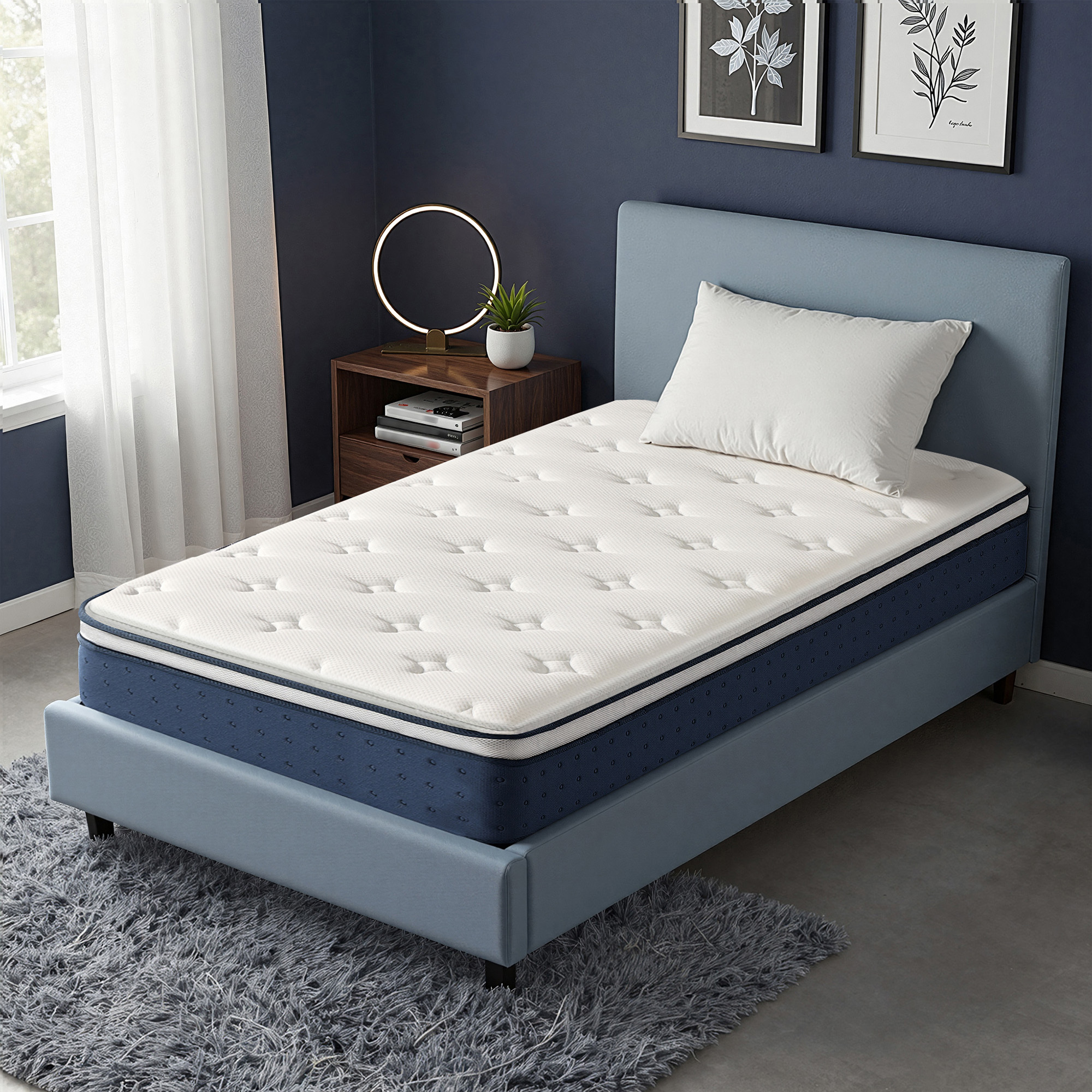 TEMU Matelas à ressorts 90 x 200 x 25 cm, mousse à de imprégnée de gel, fermeté moyenne, 7 zones, chambre à coucher, respirant, bleu