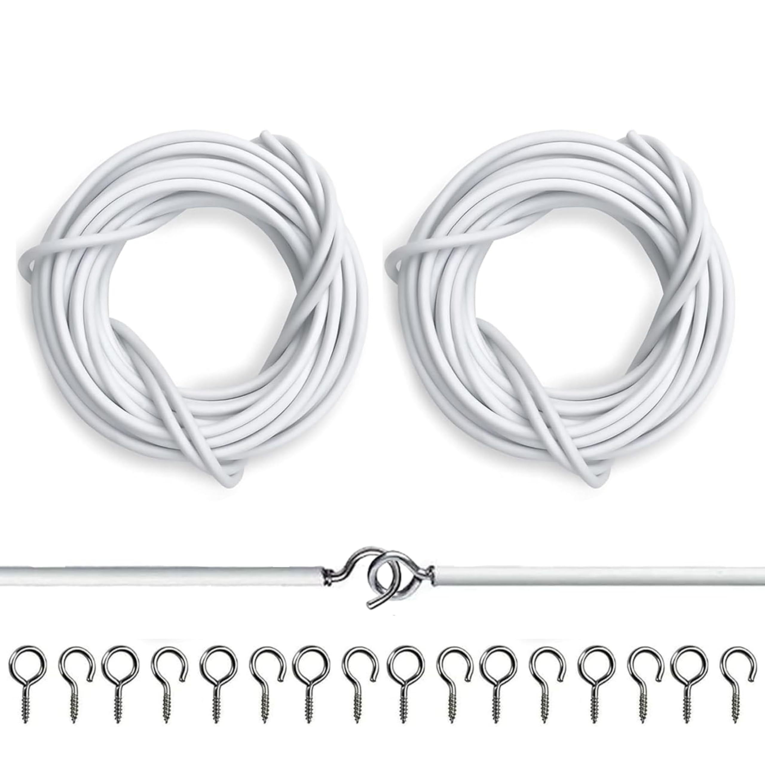 TEMU 2 Packs - 3 Metre Net Curtain Wire With Set Of 16 Hooks And 16 Eyes | Decoration Net Curtain Wire Cable | Strong, Durable And Expandable Cord -