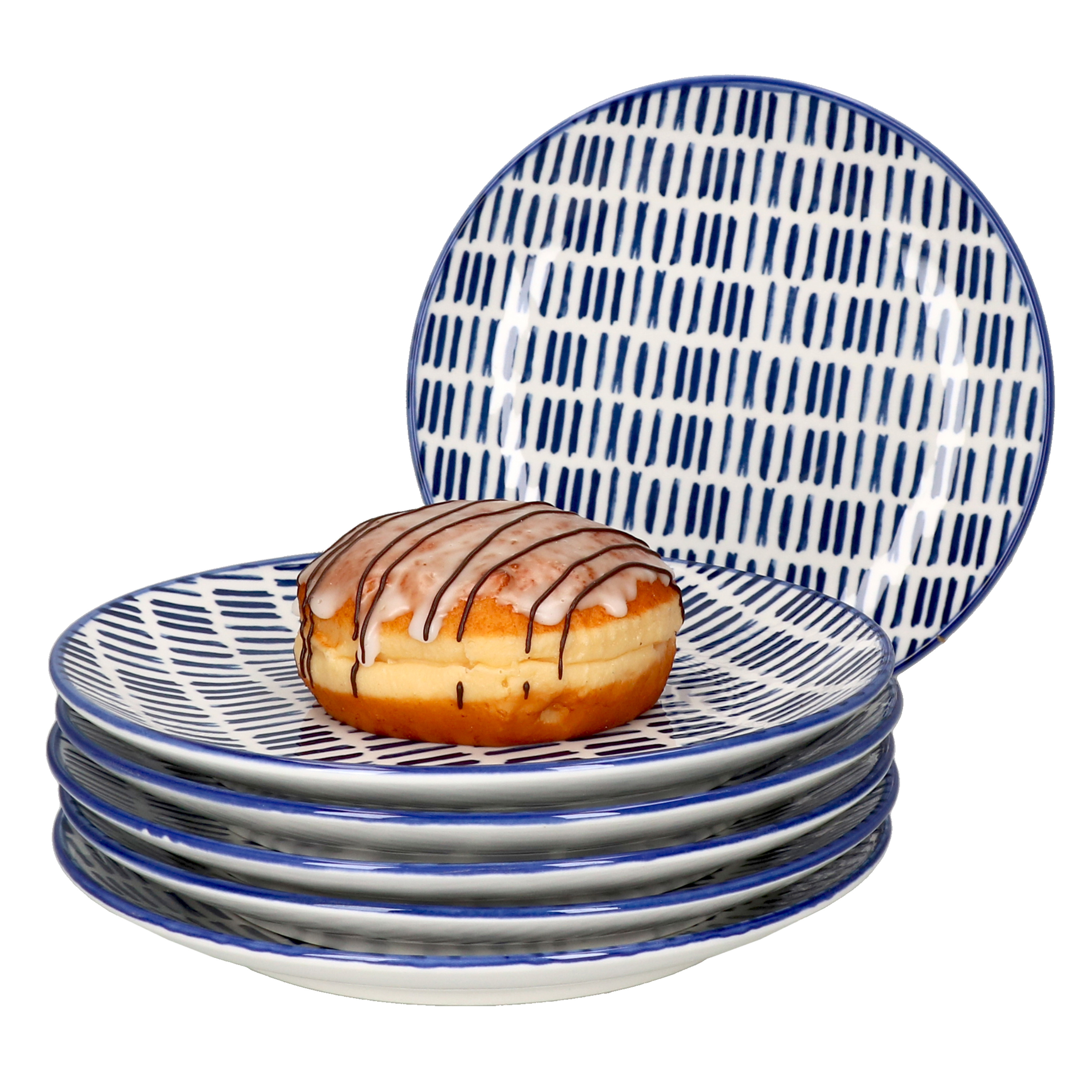 6pcs Set, Blue-white Jail Kuchenteller, Dessert Plates With Striped Decor For 6 People