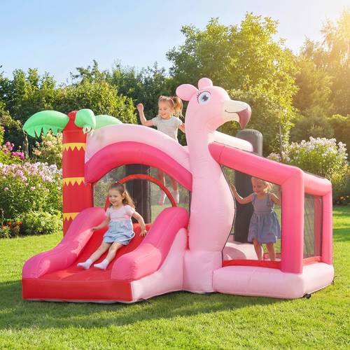 hinchable para niños con tobogán, piscina de bolas y aro de baloncesto, casa saltarina 1 con soplador para de jardín interior y exterior, rosa