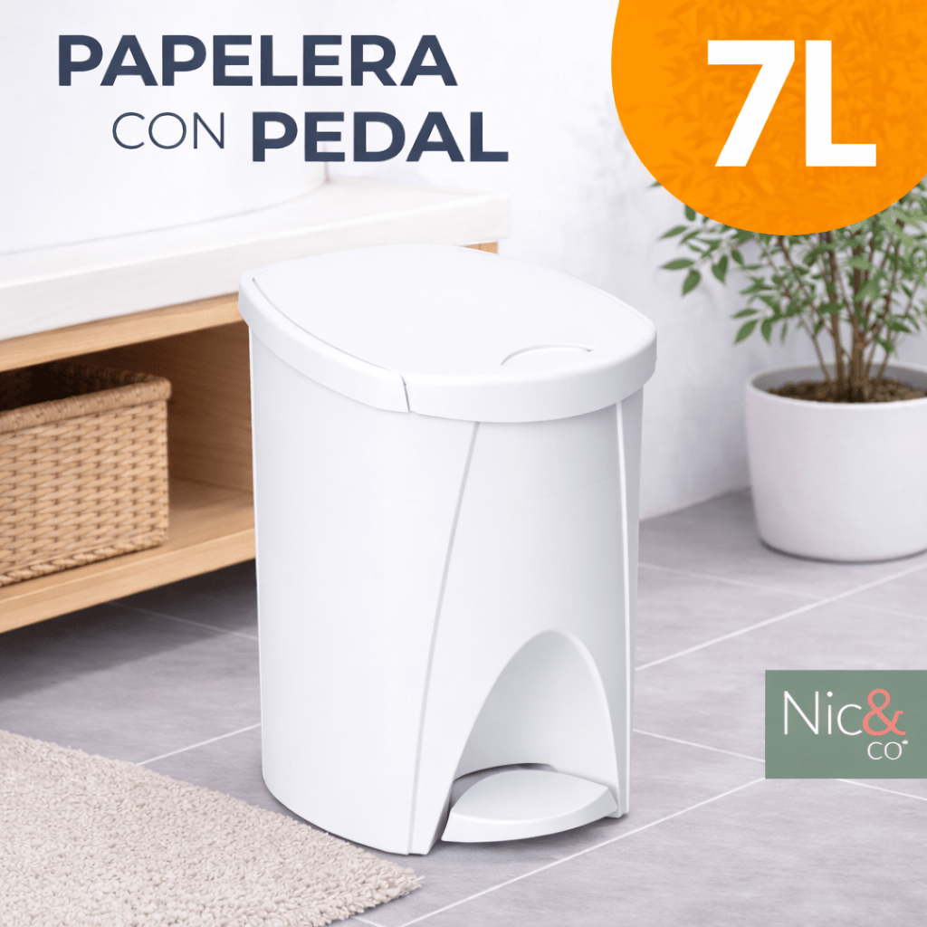TEMU Nic&Co Papelera Blanca de 7 Litros con Pedal – Diseño Moderno y para Baño o Cocina (20x26x29 cm)