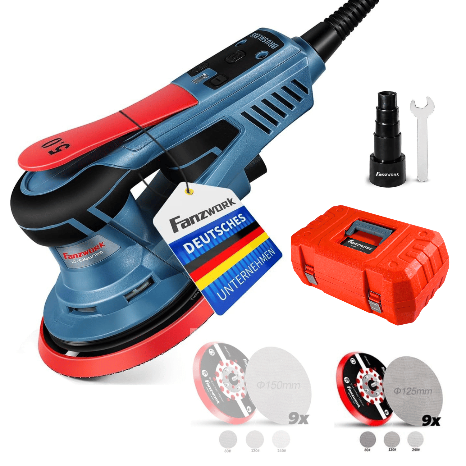 Image of Electric Brushless Grinder 5mm Grinding Stroke With 125/150mm Grinding Plate. 350w Ec Motor, . 15x Sandpaper, Carrying Case.