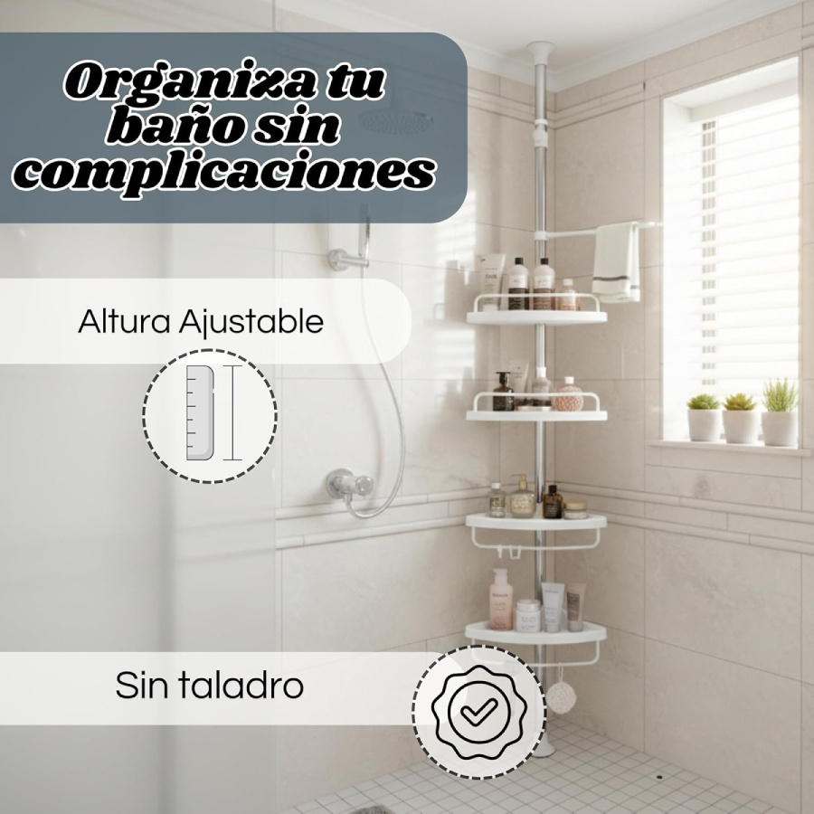 organizador de   para ducha, barra de tensión de acero inoxidable para ducha, equipada con   estantes ajustables, organizador de ducha a prueba de  , práctico estante de almacenamiento, de 1 a 2.6 metros y de 1 a 3.2 metros. Detalles del producto 2