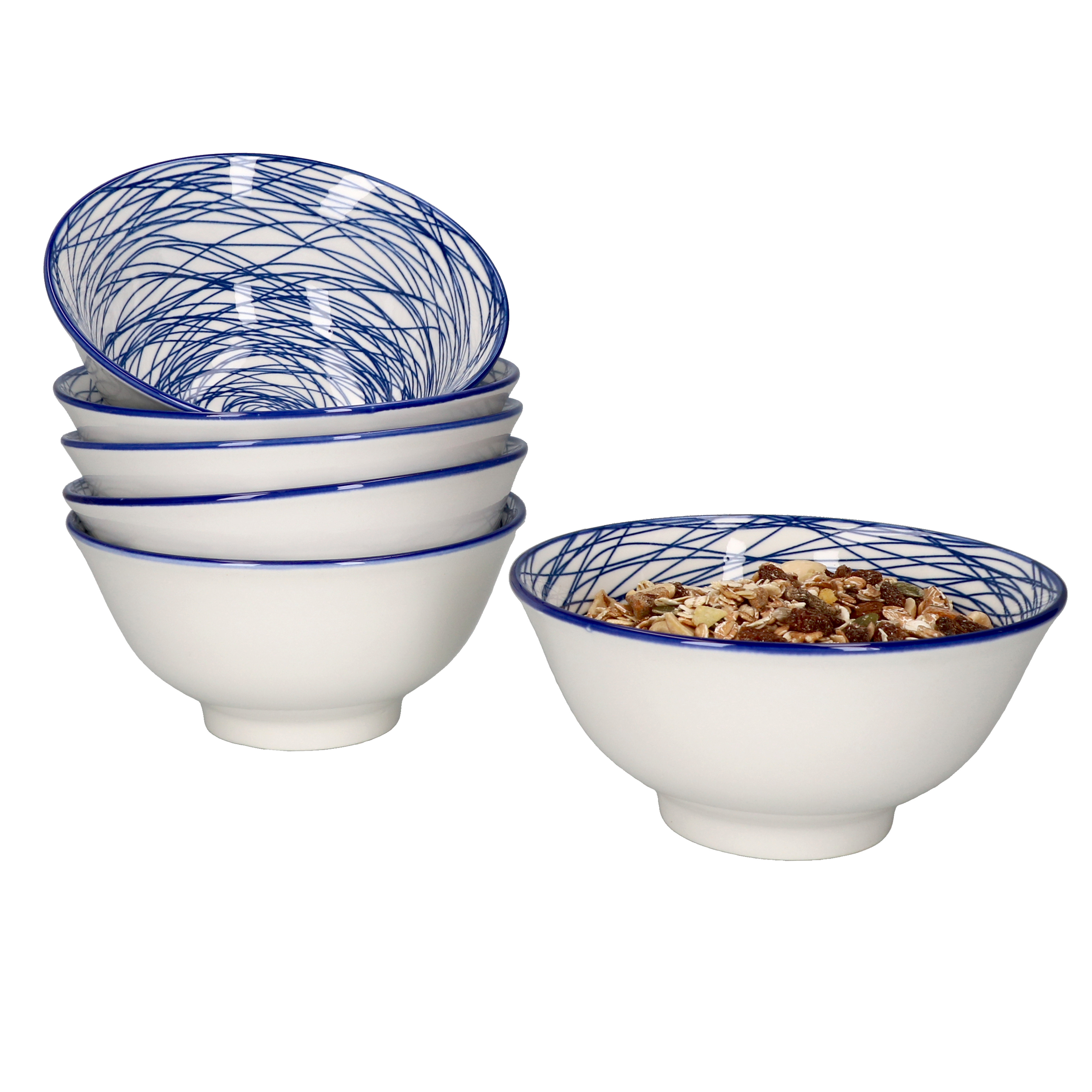 6-piece Set Bowl-shallow Bowls 500ml Blue-white For Cereal, Salad, Dessert
