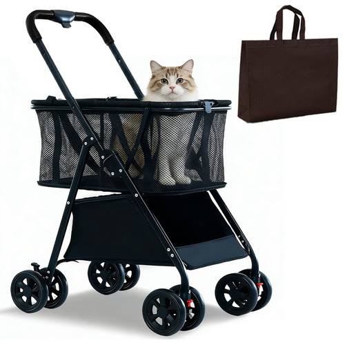 foldable pet stroller with 8 wheels with brakes portable foldable outdoor walking cart with large space hand pull design ergonomic handle ventilation mesh lightweight sturdy frame for small to medium dogs outdoor carrier pet car dog cart