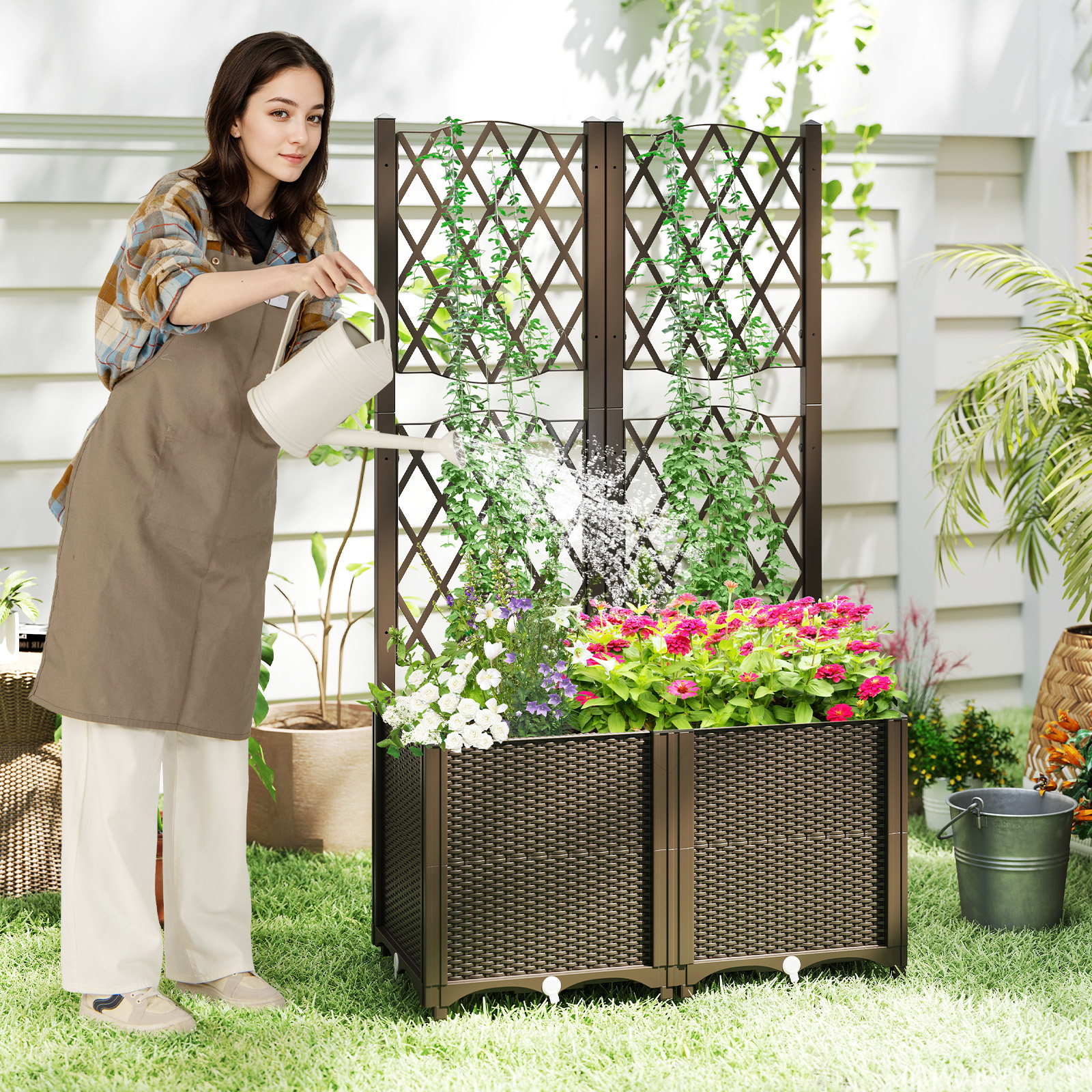 Image of Raised Garden Bed W/ Lattice Trellis, Self-watering Elevated Planter Boxes For Climbing Vine Flower Vegetable Deep- Plant, 55" Tall Indoor Outdoor Patio Balcony Standing Vertical Planter