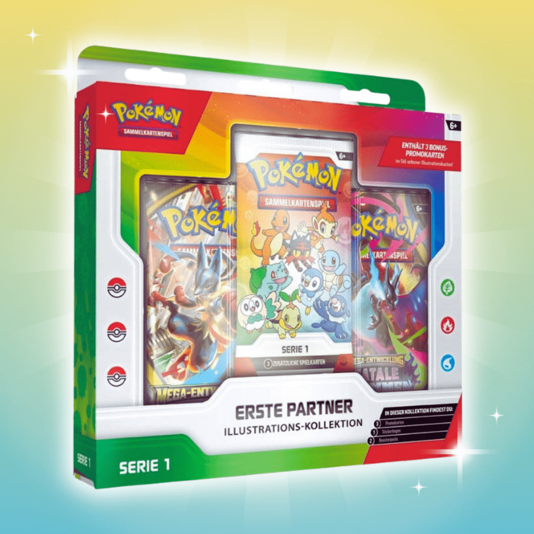 Pokémon First Partner Illustrations Collection – | German | 3 Booster + Cards