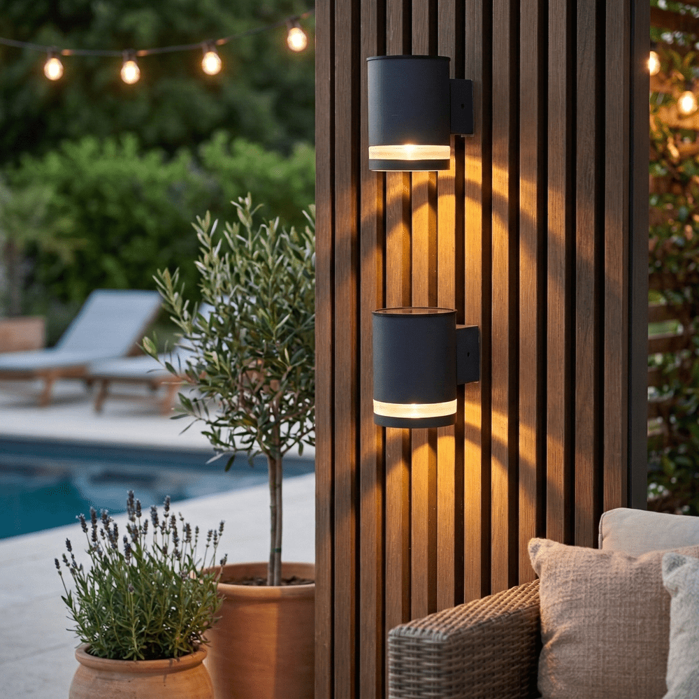 TEMU Lot de 2 Appliques Murales Solaires LED HELIO - Éclairage Extérieur Blanc Chaud Automatique avec Capteur de - Design Cylindrique Moderne Foncé