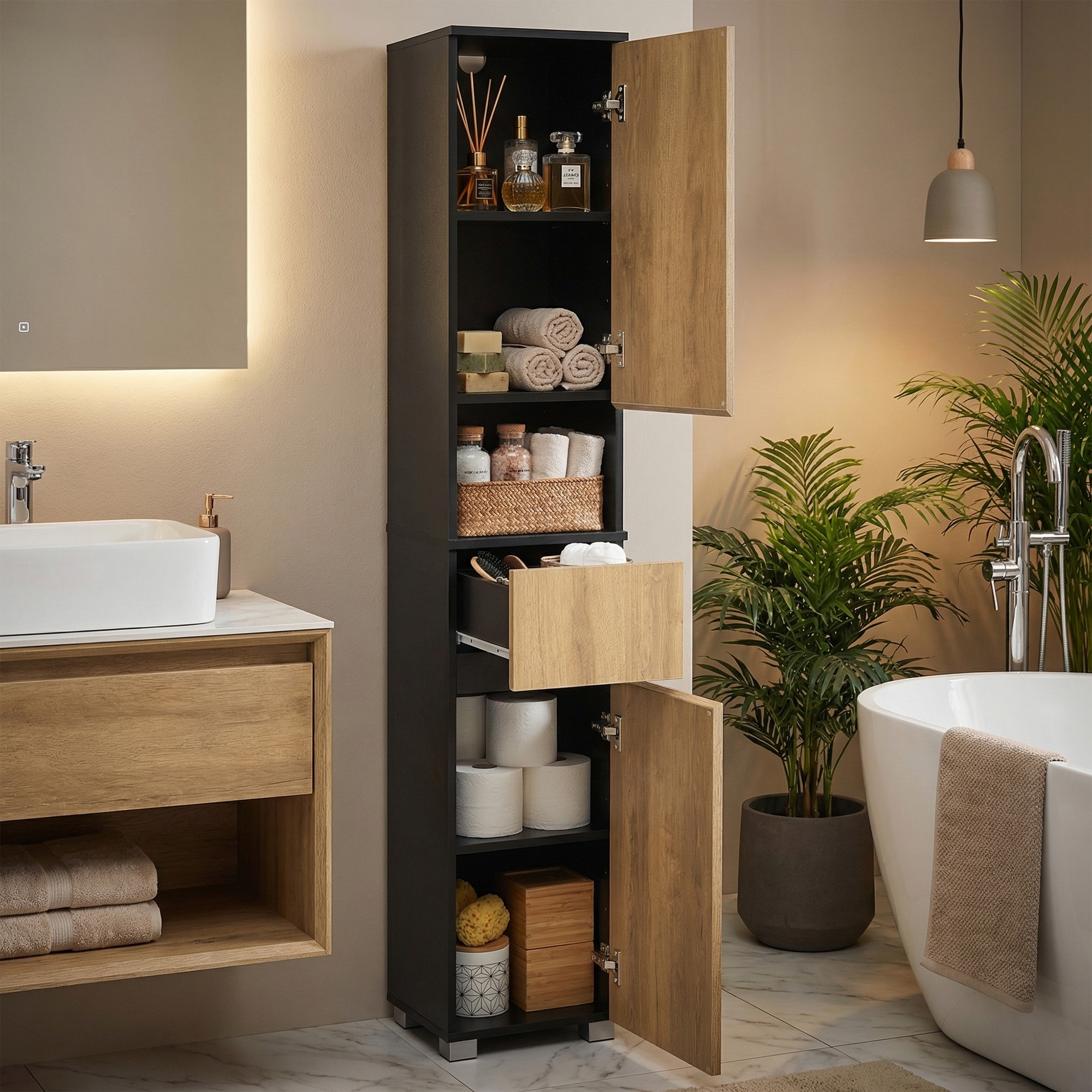 Badezimmerschrank Schwarz-Braun – Gesamtansicht