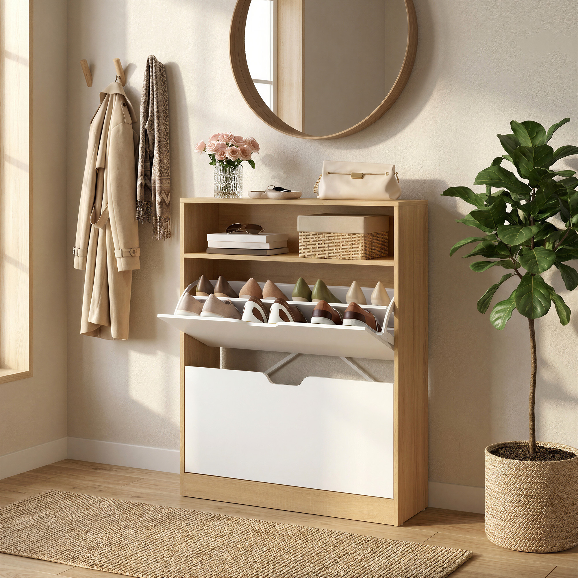 Shoe Rack With 2 Flaps, Adjustable Divider, Open Compartment Shoe Storage, 24 X 80 X 102 Cm, Oak-white